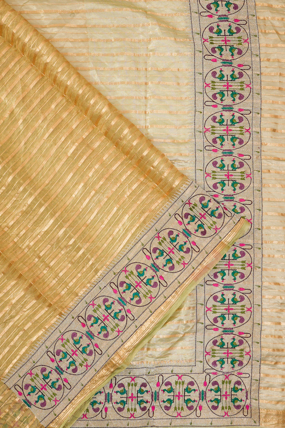 Organza Lines Gold Saree With Embroidery Border