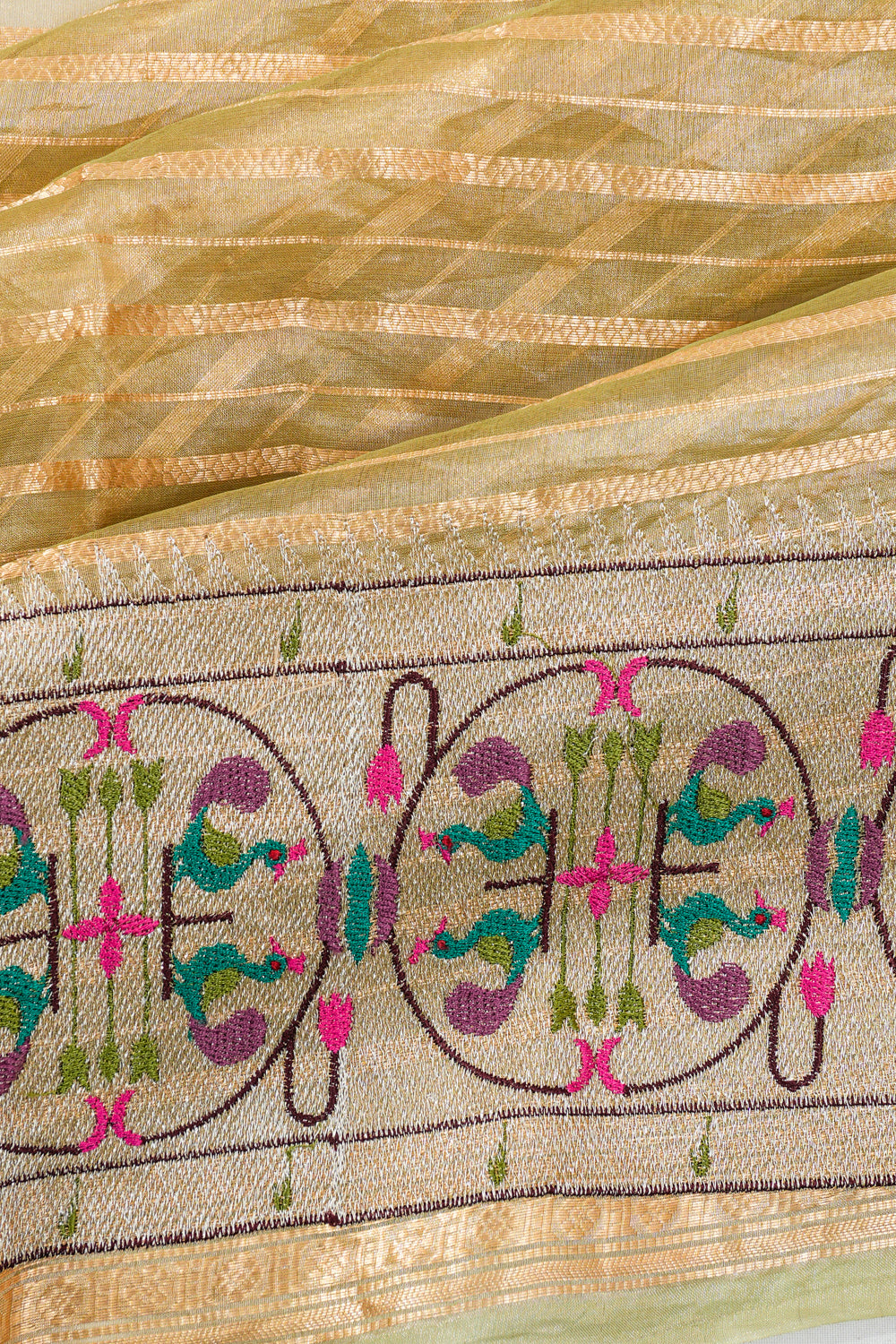 Organza Lines Gold Saree With Embroidery Border