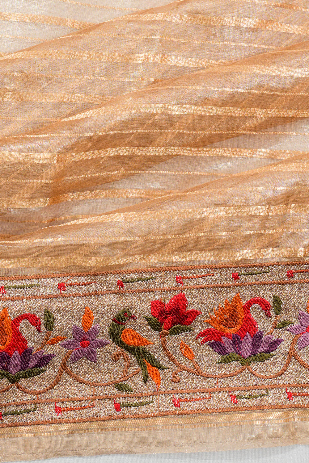 Organza Lines Gold Saree With Embroidery Border