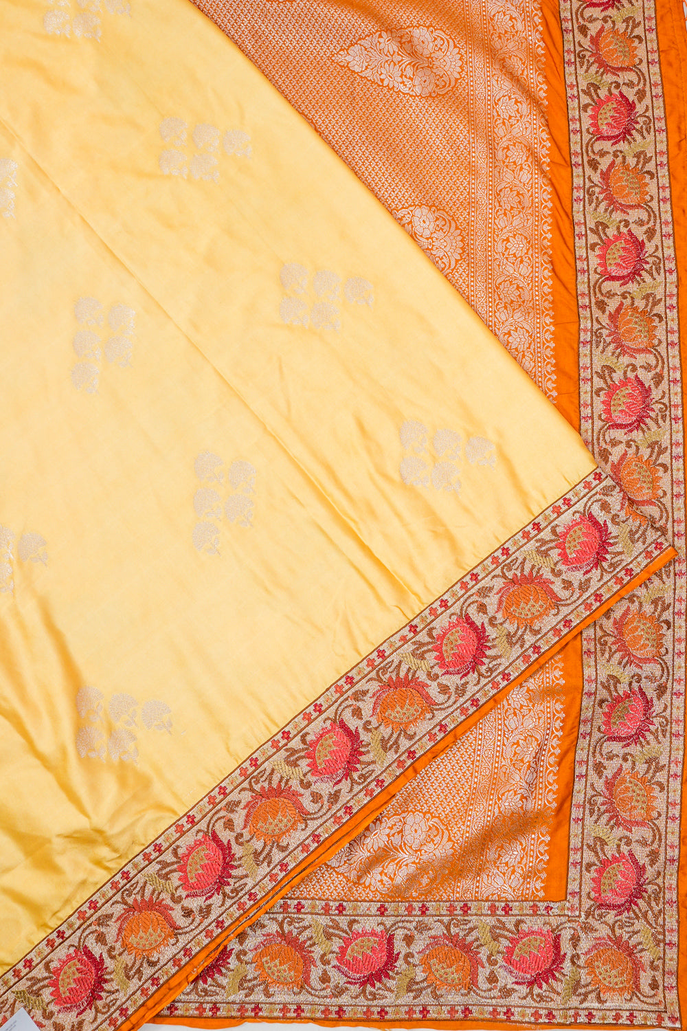 Banarasi Satin Butta Yellow Saree With Embroidery Border