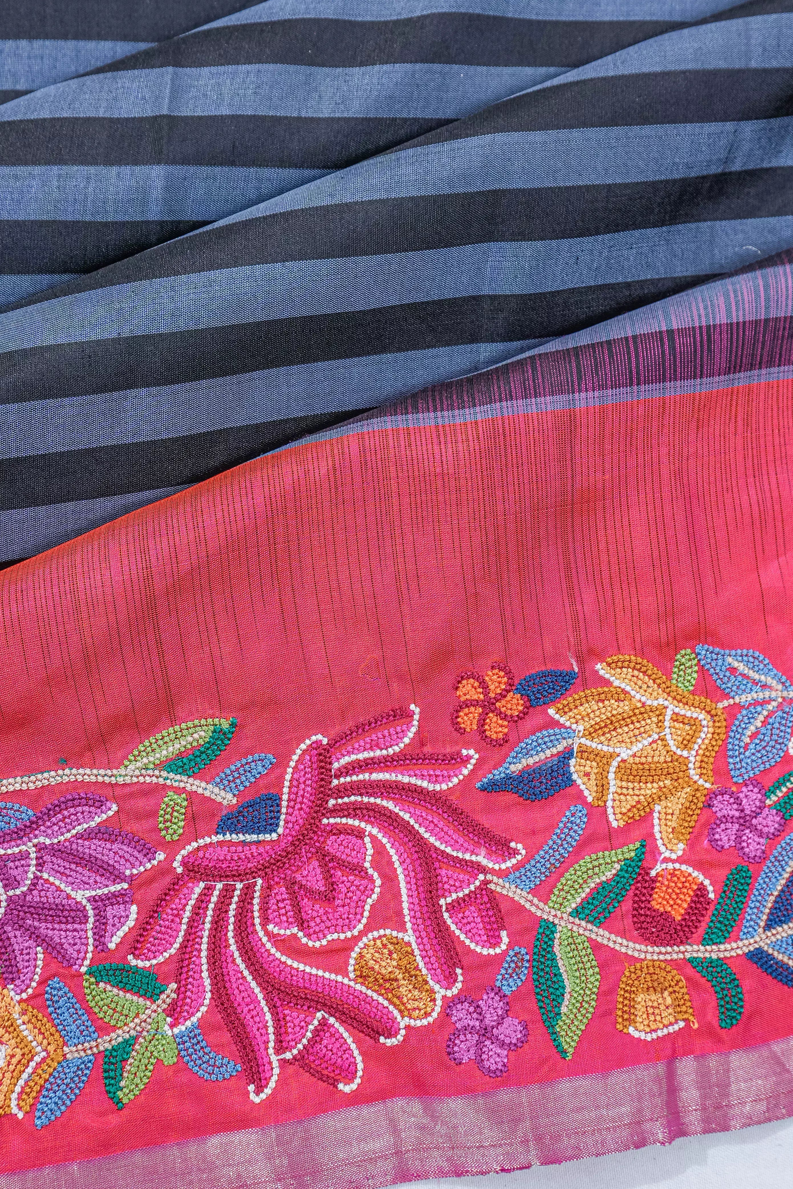 Soft Silk Lines Blue Saree With Embroidery Border