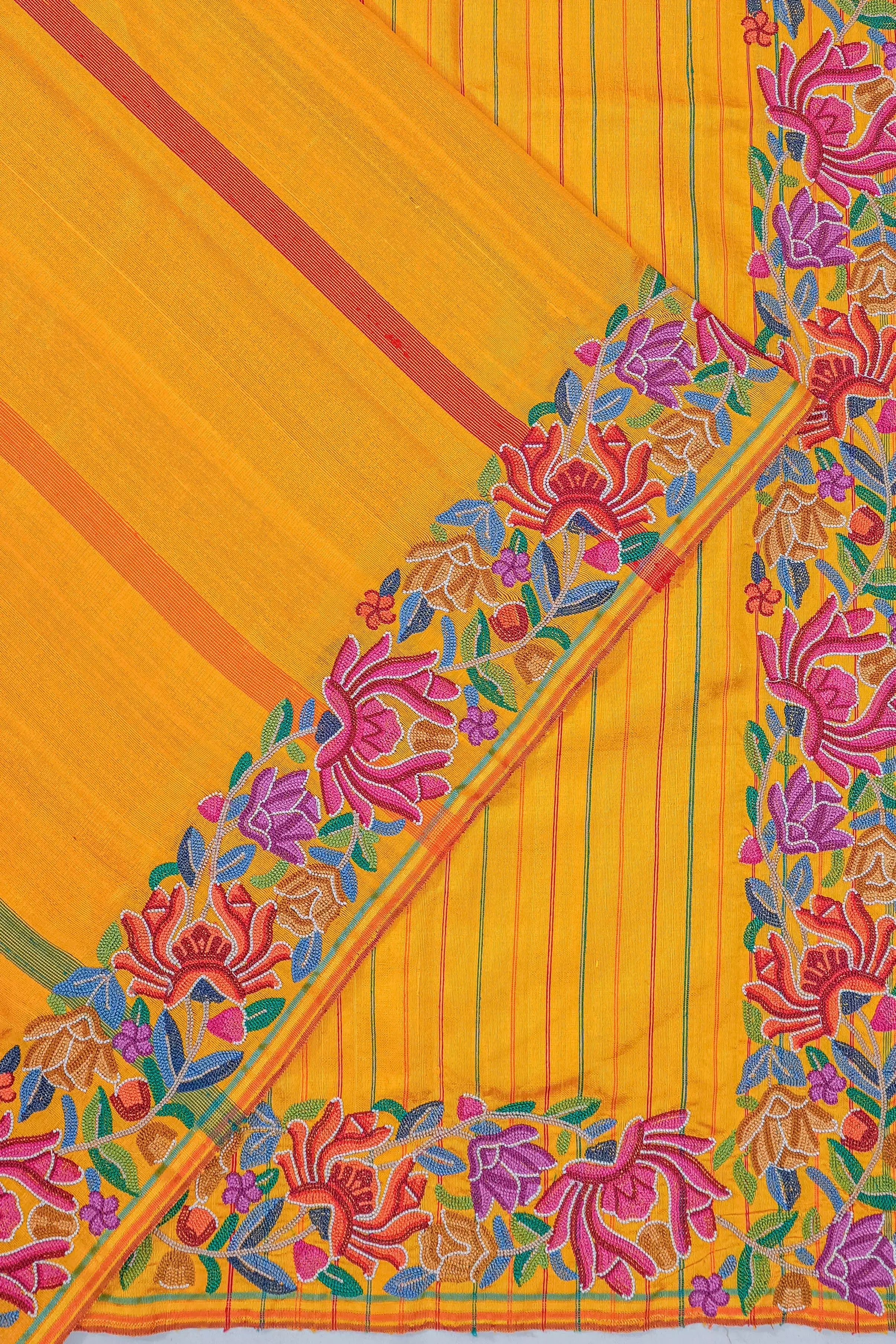 Tussar Lines Mustard Yellow Saree With Embroidery Border