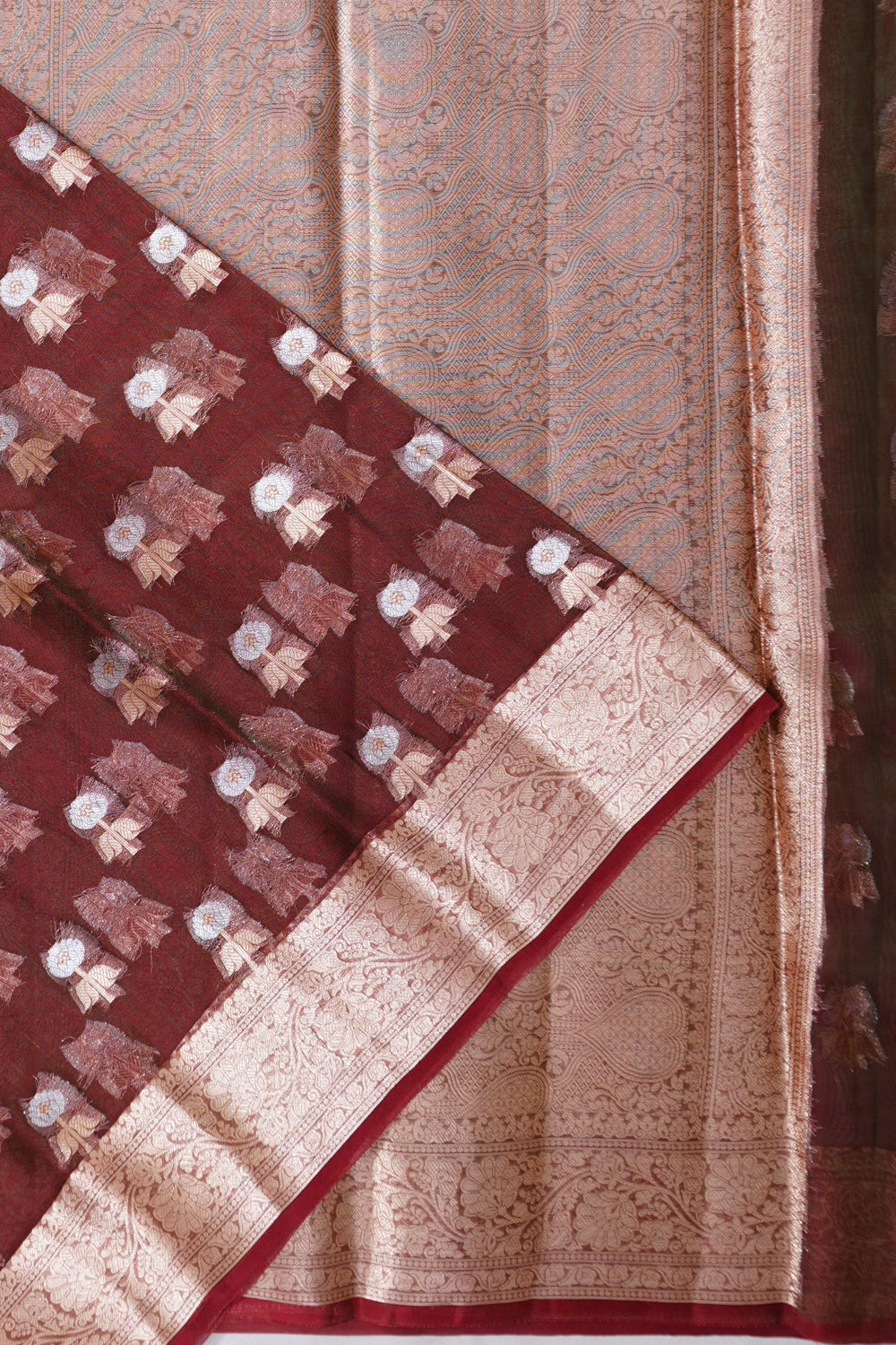 Vaanya Banaras Kora Organza Butta Maroon Saree