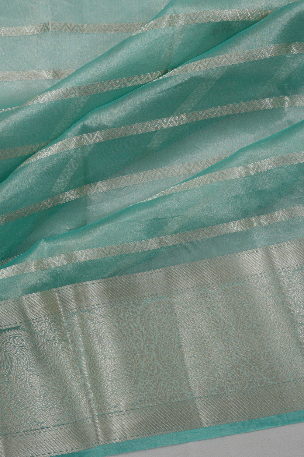 Vaanya Banaras Kora Organza Lines Sea Green Saree