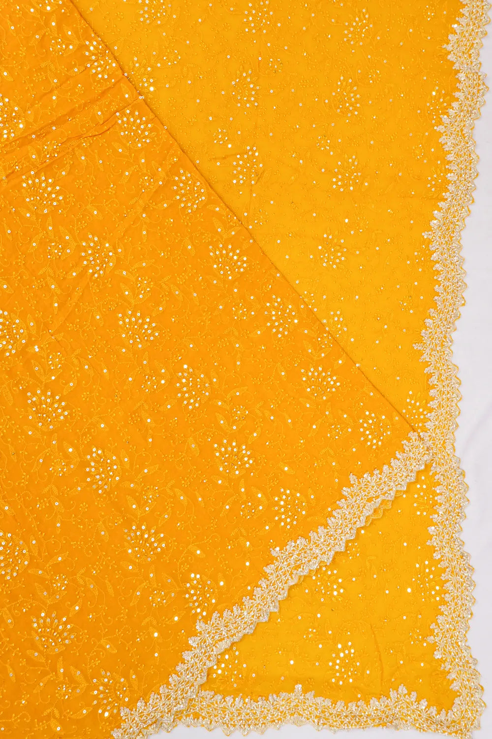 Georgette Sequin Work Brocade Yellow Saree With Embroidery Border