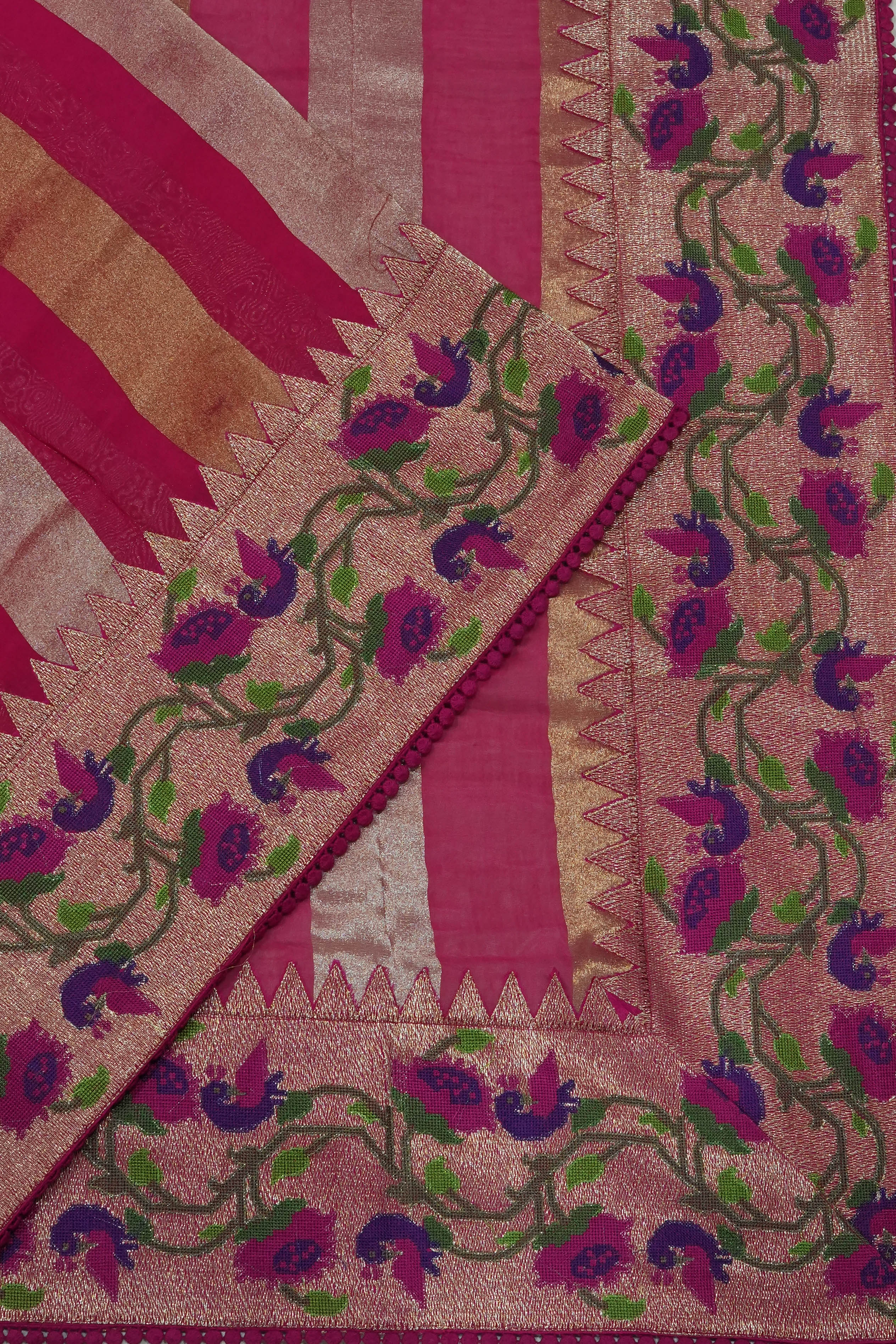 Organza Lines Pink Saree With Embroidery Border