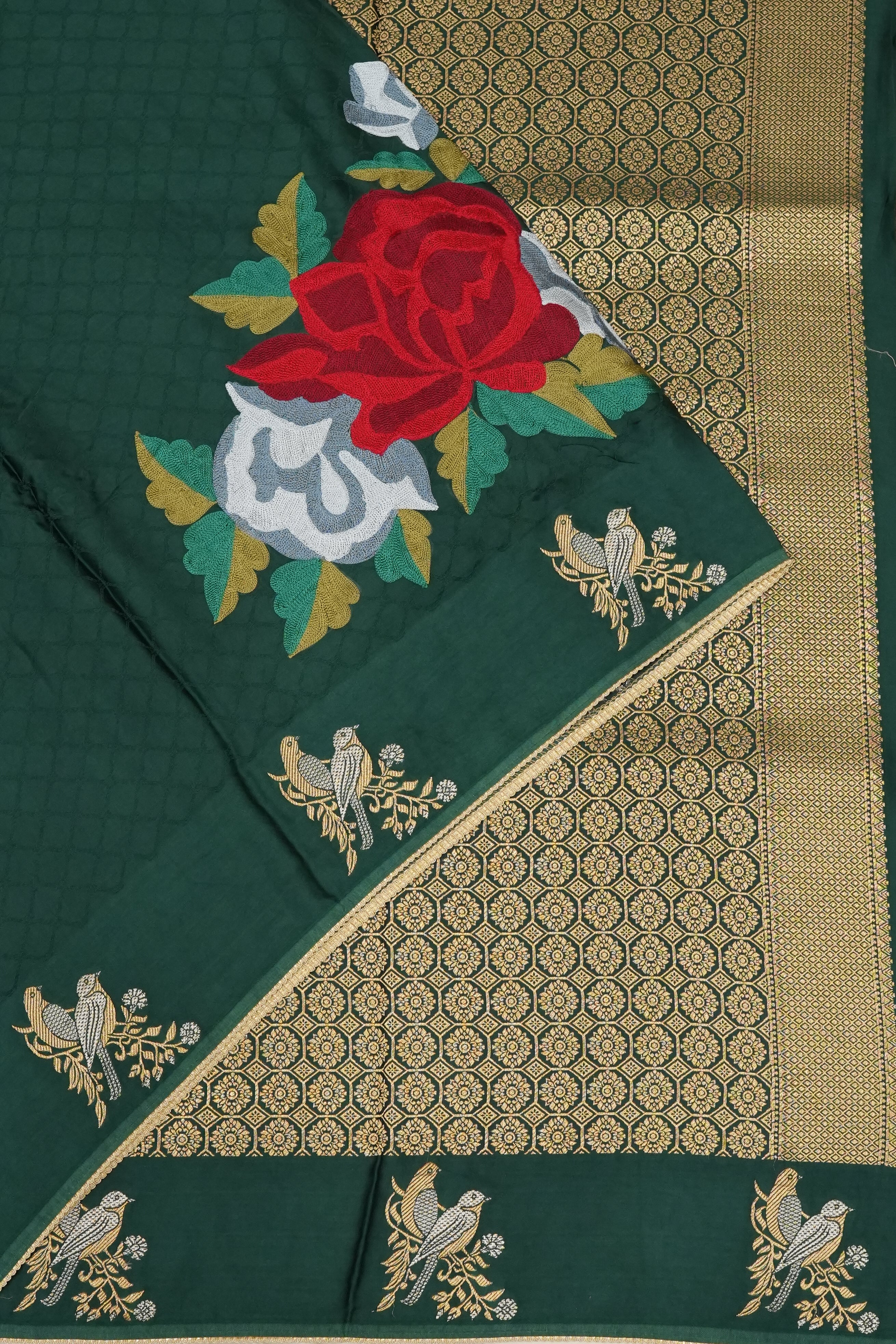 Vaanya Banaras Satin Embroidery Butta Green Saree
