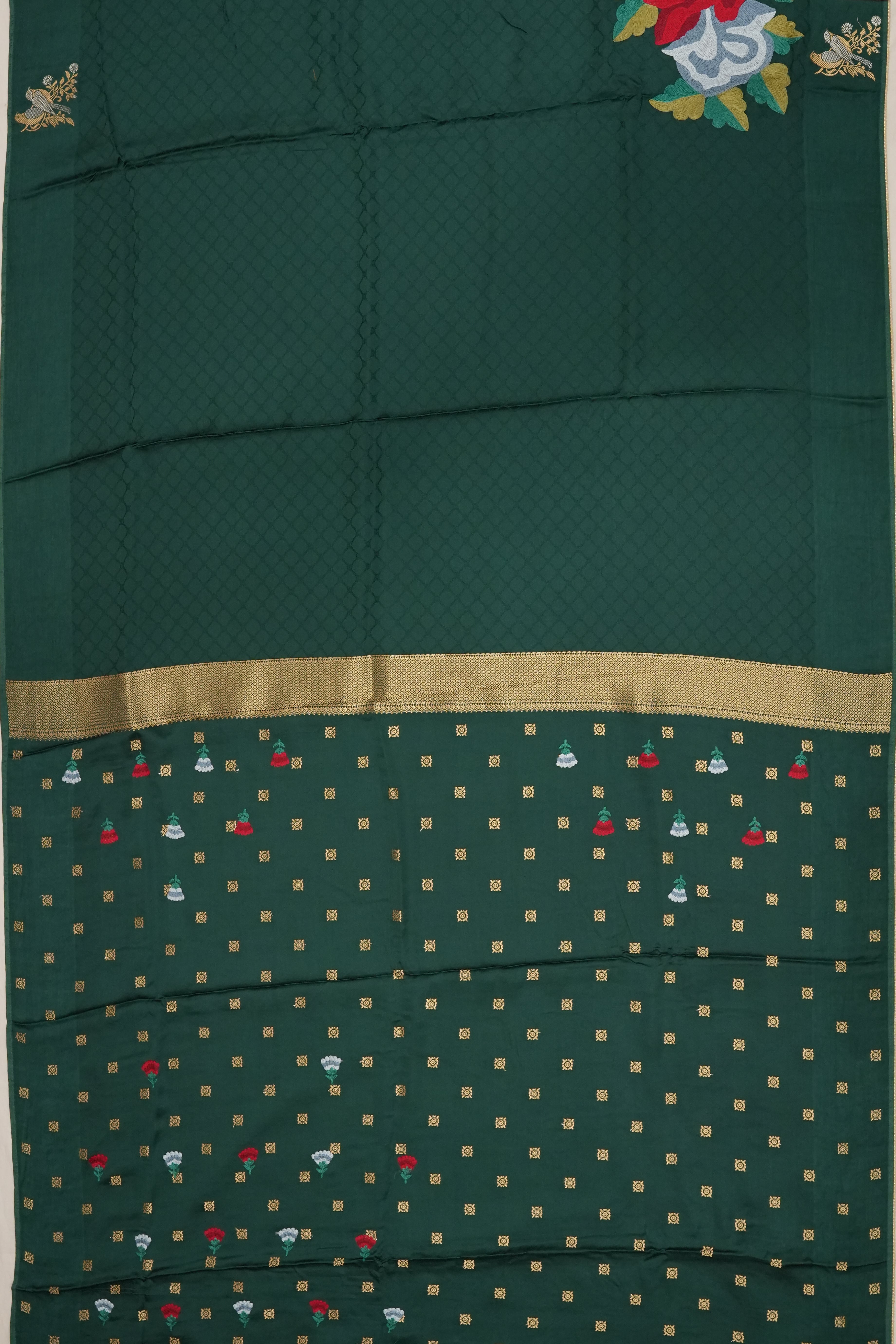 Vaanya Banaras Satin Embroidery Butta Green Saree