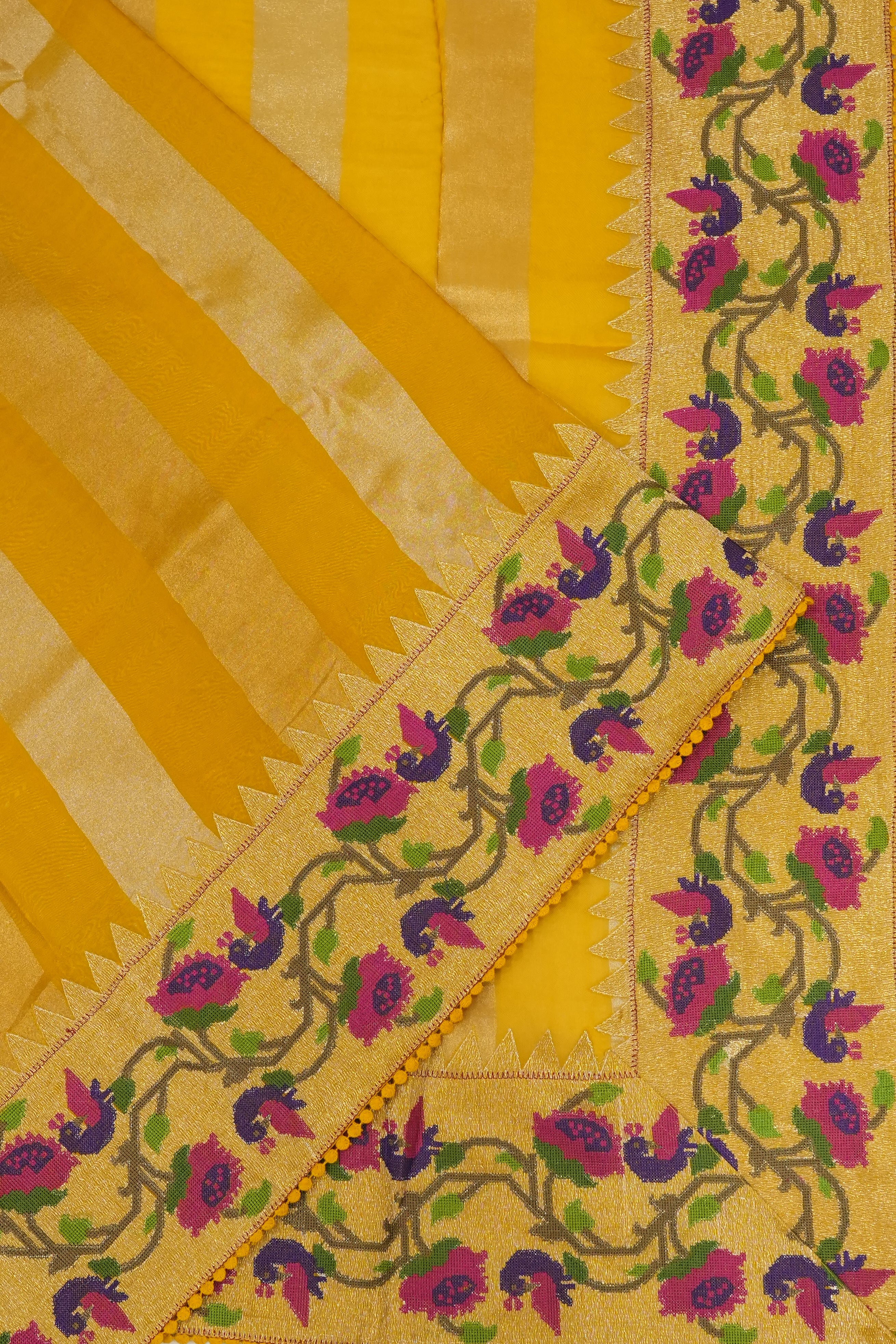 Organza Lines Yellow Saree With Embroidery Border