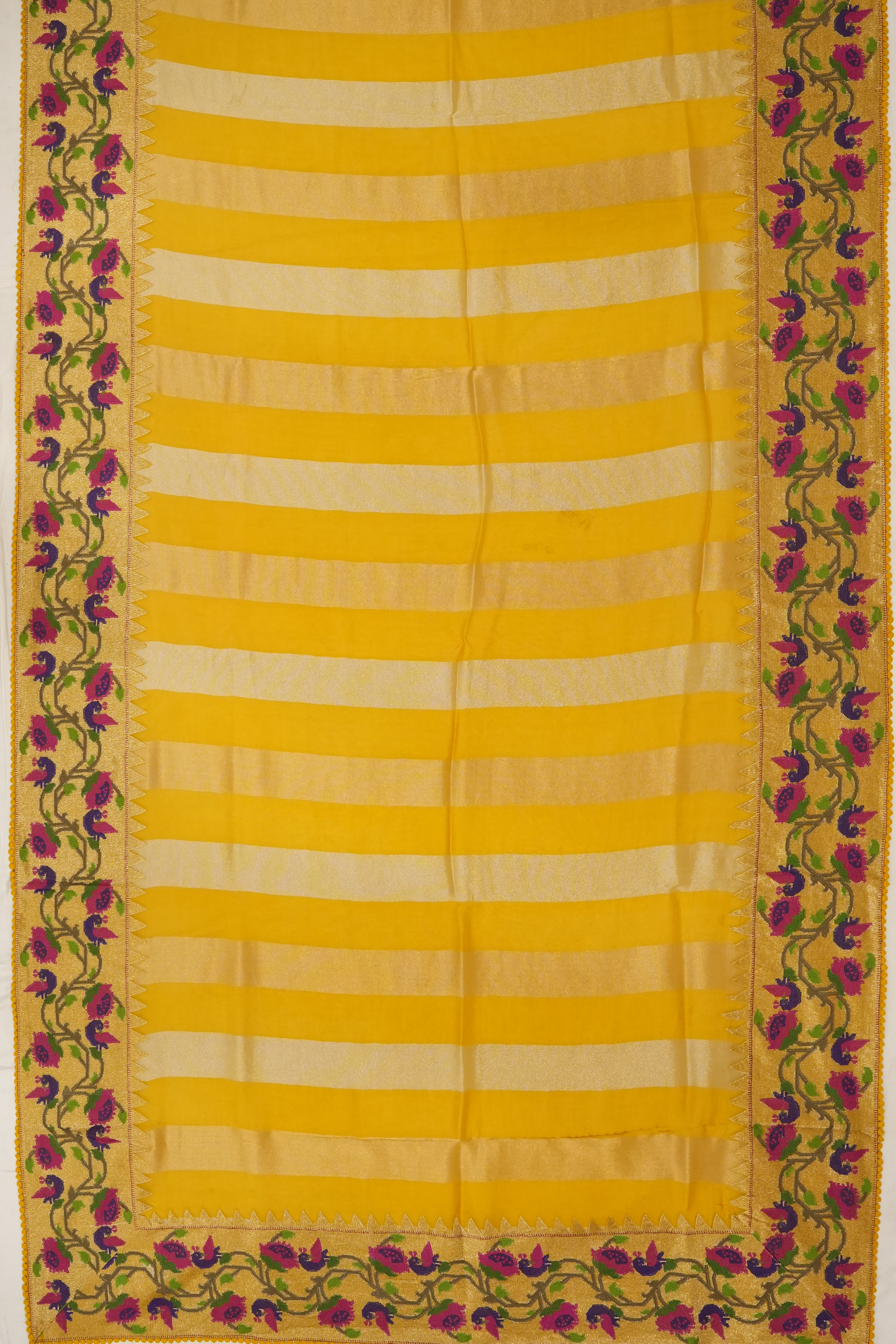Organza Lines Yellow Saree With Embroidery Border