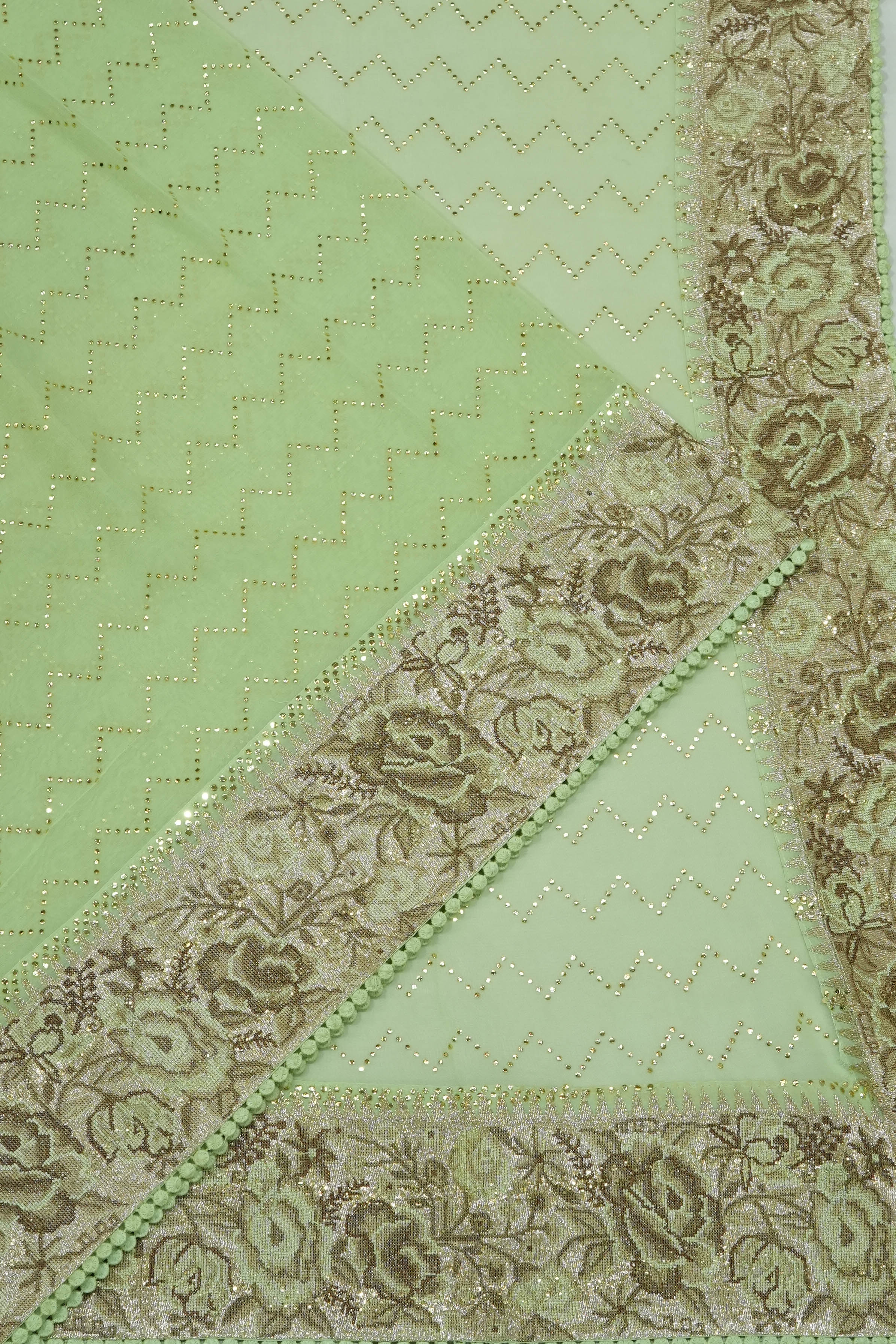 Georgette Stone Work Pista Green Saree With Embroidery Border