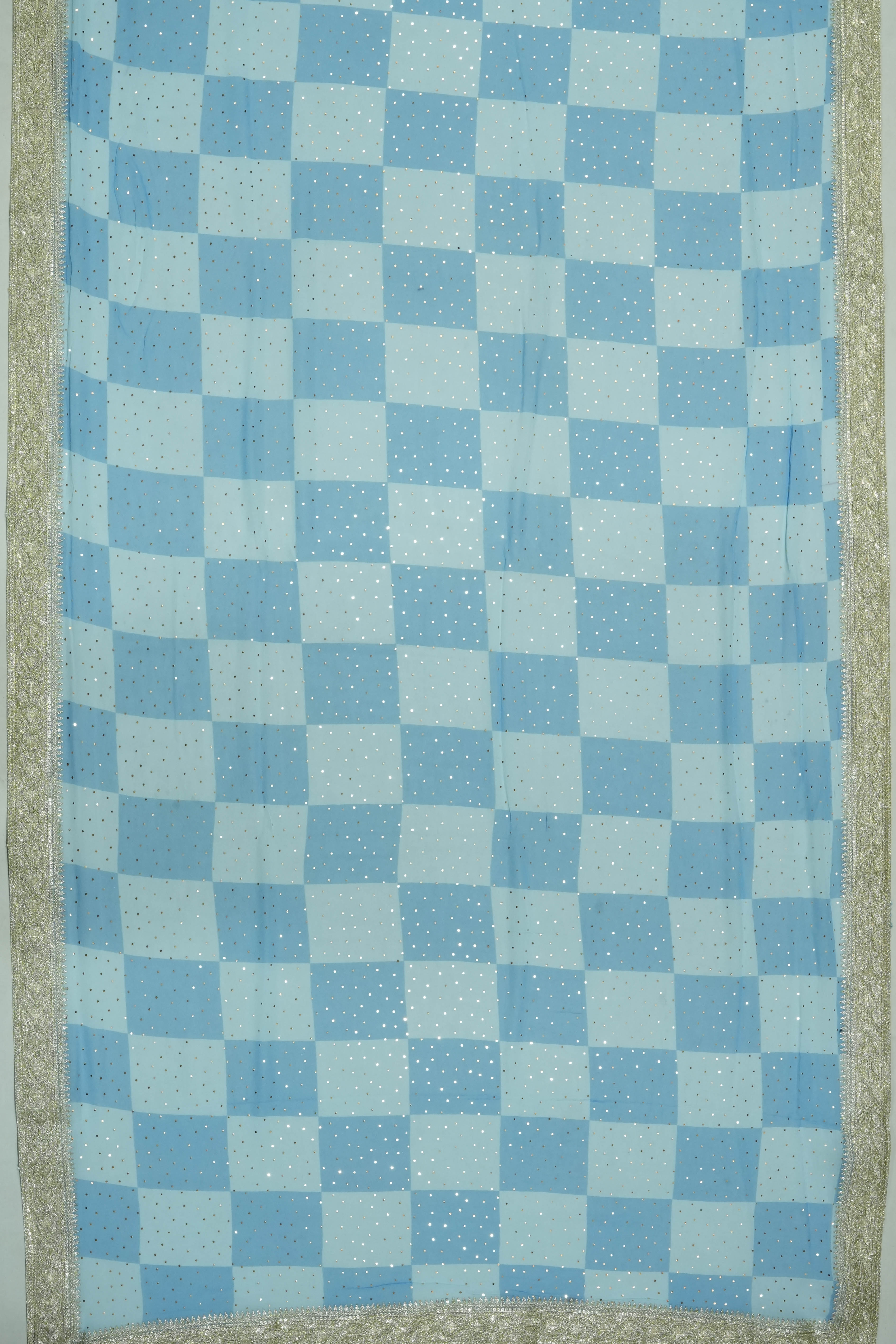 Georgette Mirror Work Sky Blue Saree With Embroidery Border