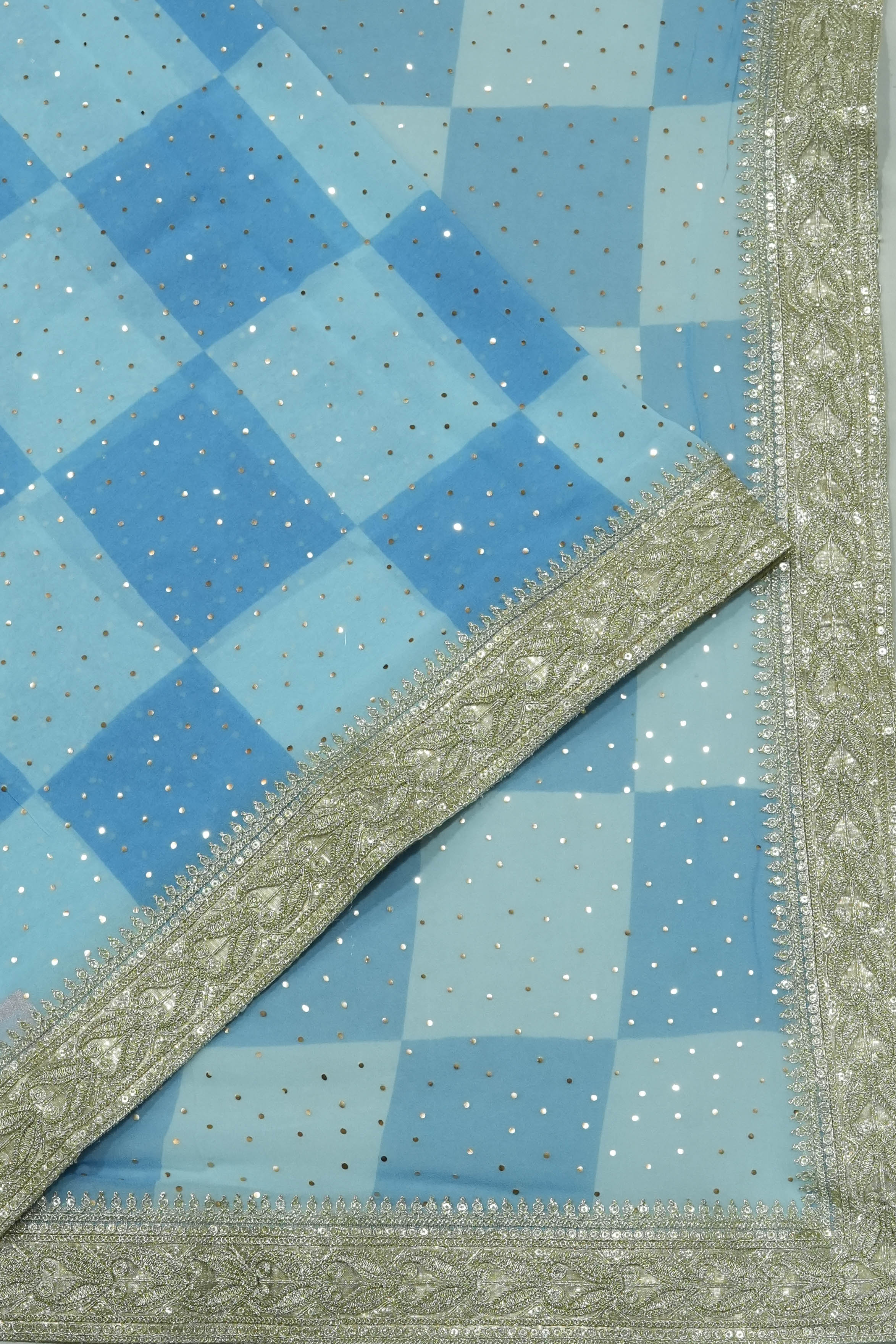 Georgette Mirror Work Sky Blue Saree With Embroidery Border