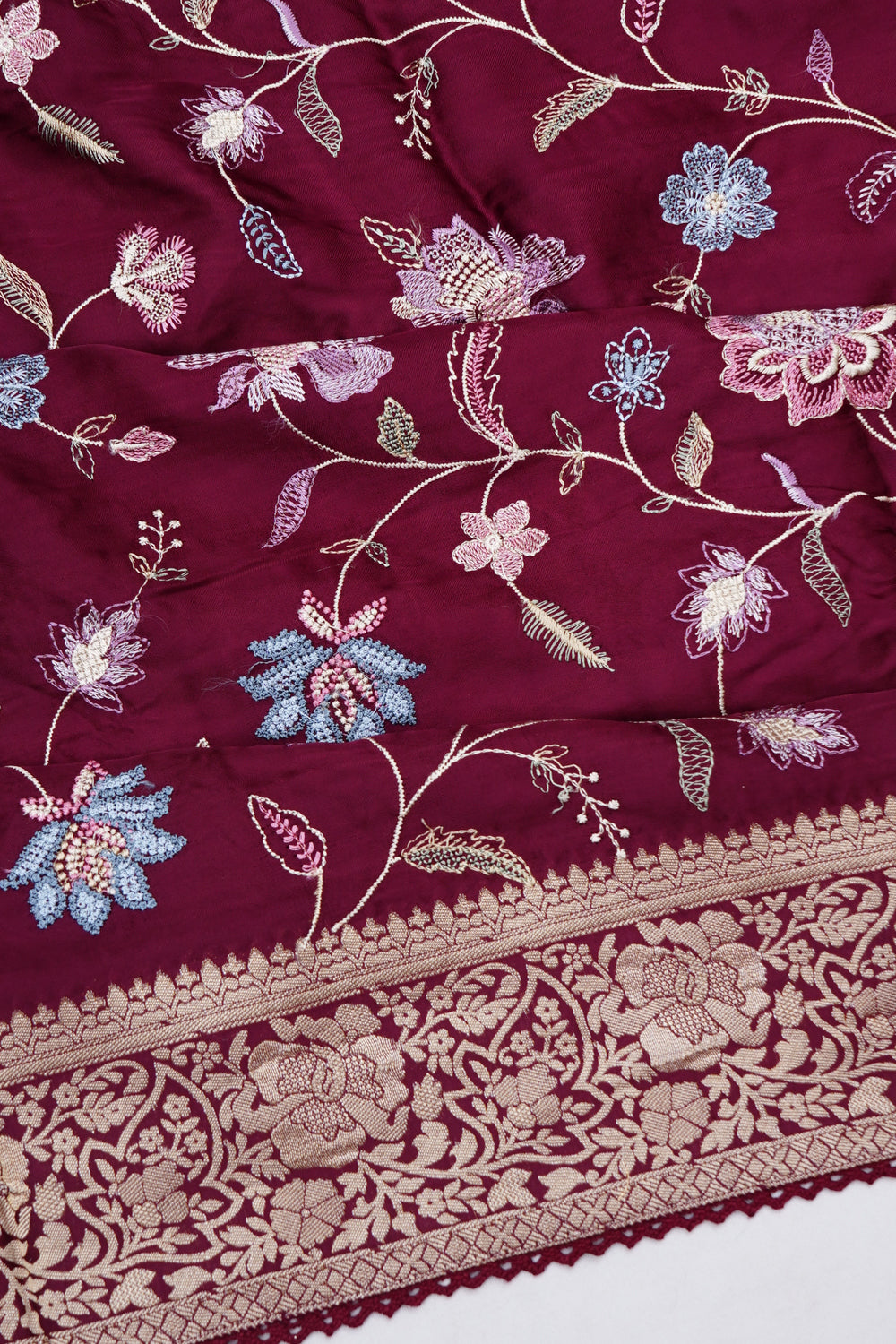 Vaanya Banaras Satin Embroidery Maroon Saree
