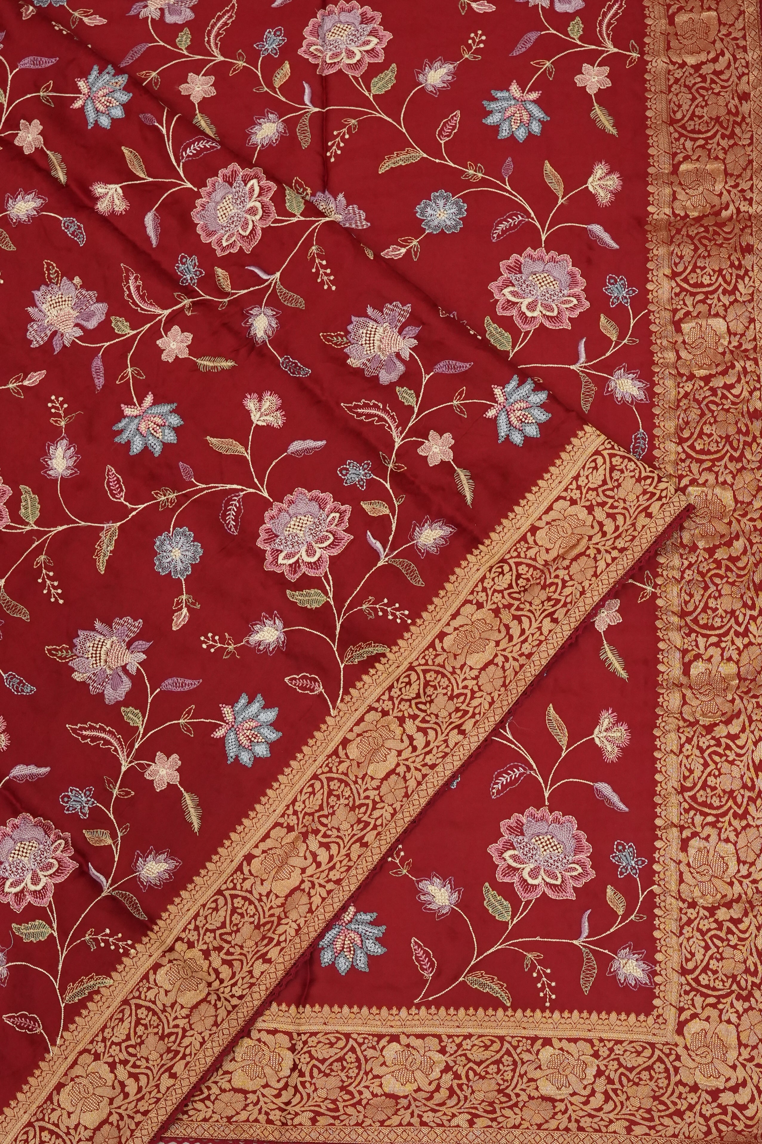 Satin Embroidery Jaal Maroon Saree