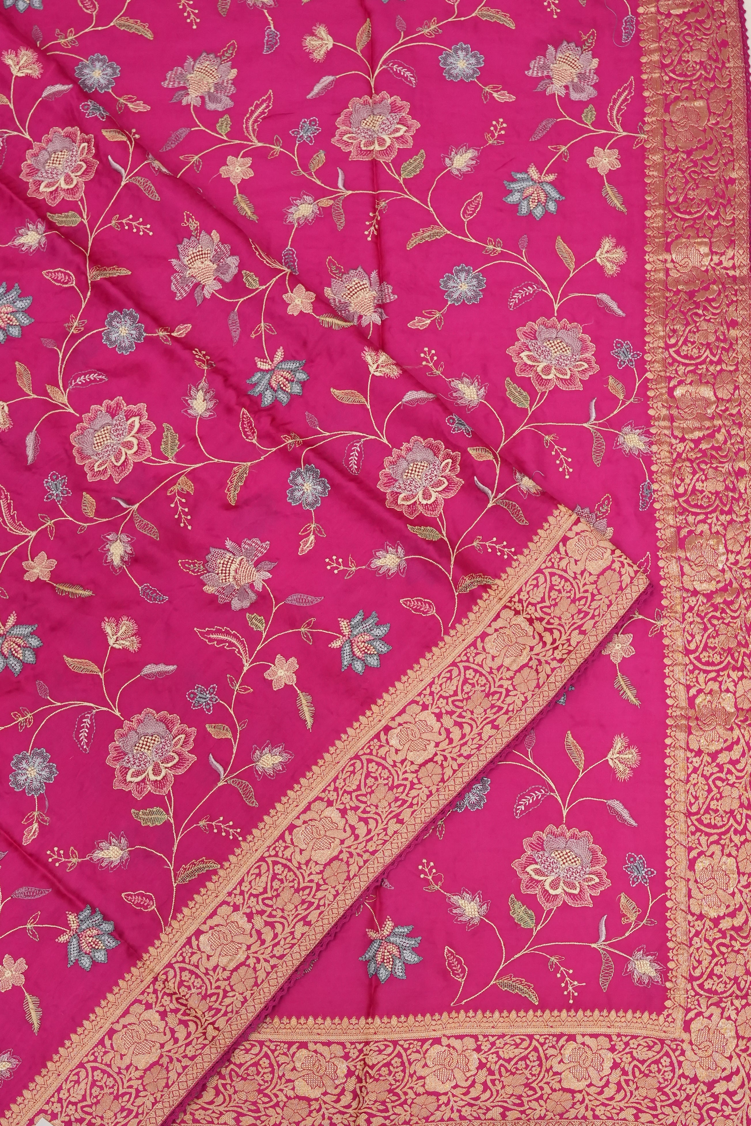 Satin Embroidery Jaal Pink Saree