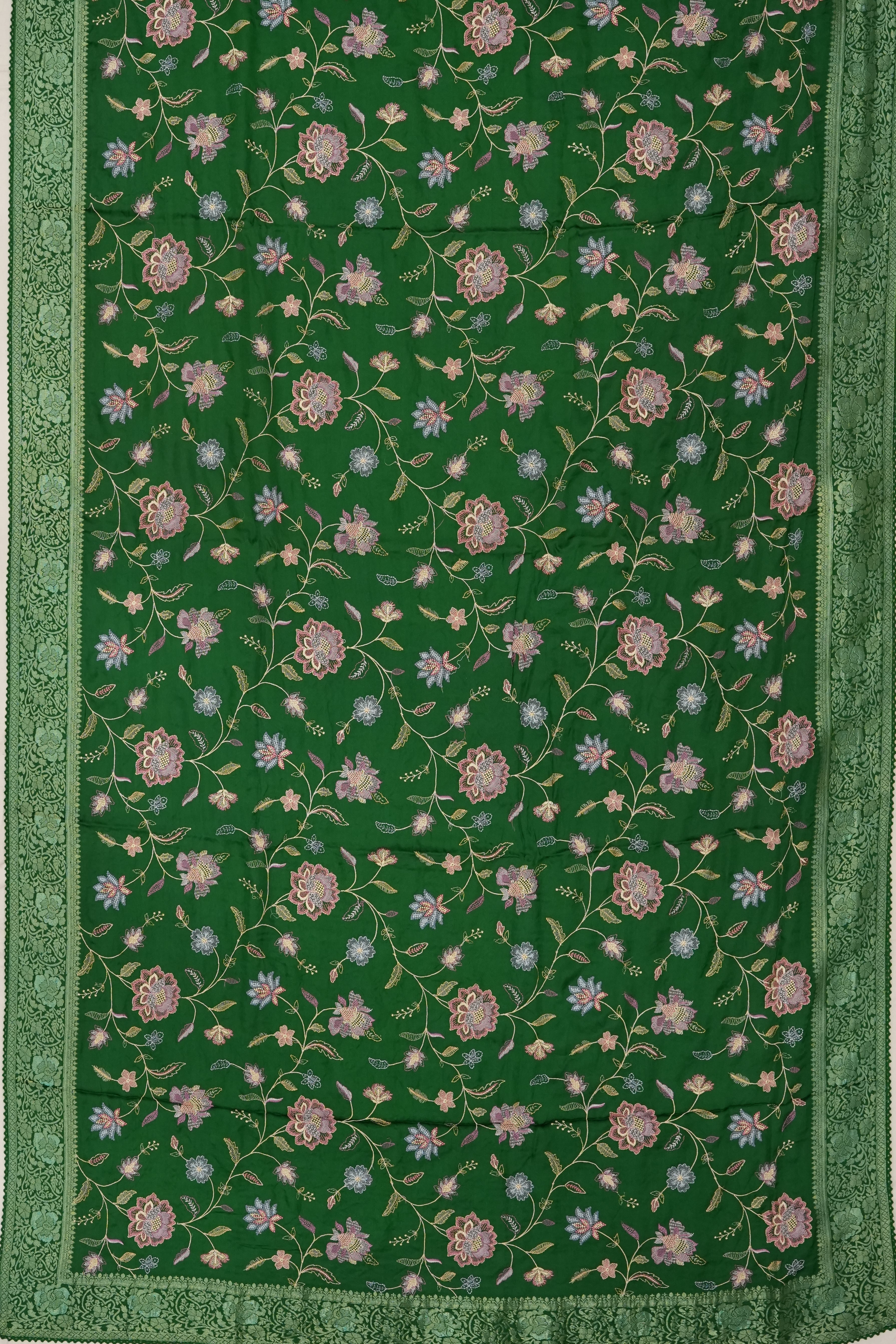 Satin Embroidery Jaal Green Saree
