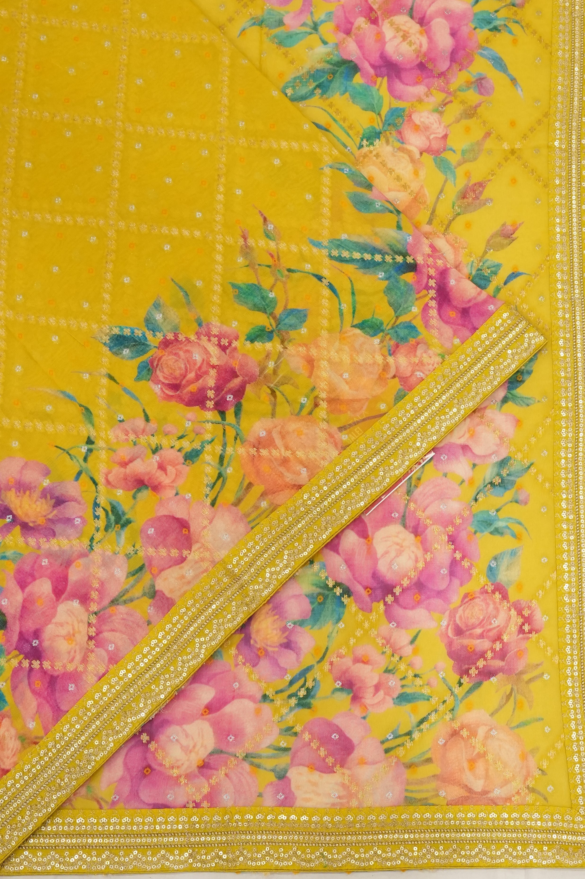 Georgette Brocade And Printed Yellow Saree