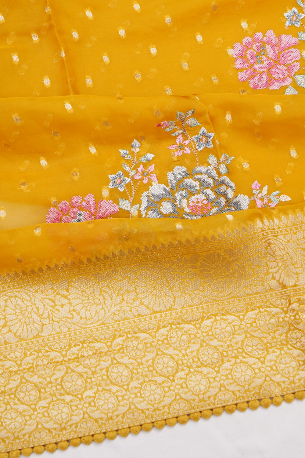Organza Brocade And Embroidery Floral Butta Yellow Saree