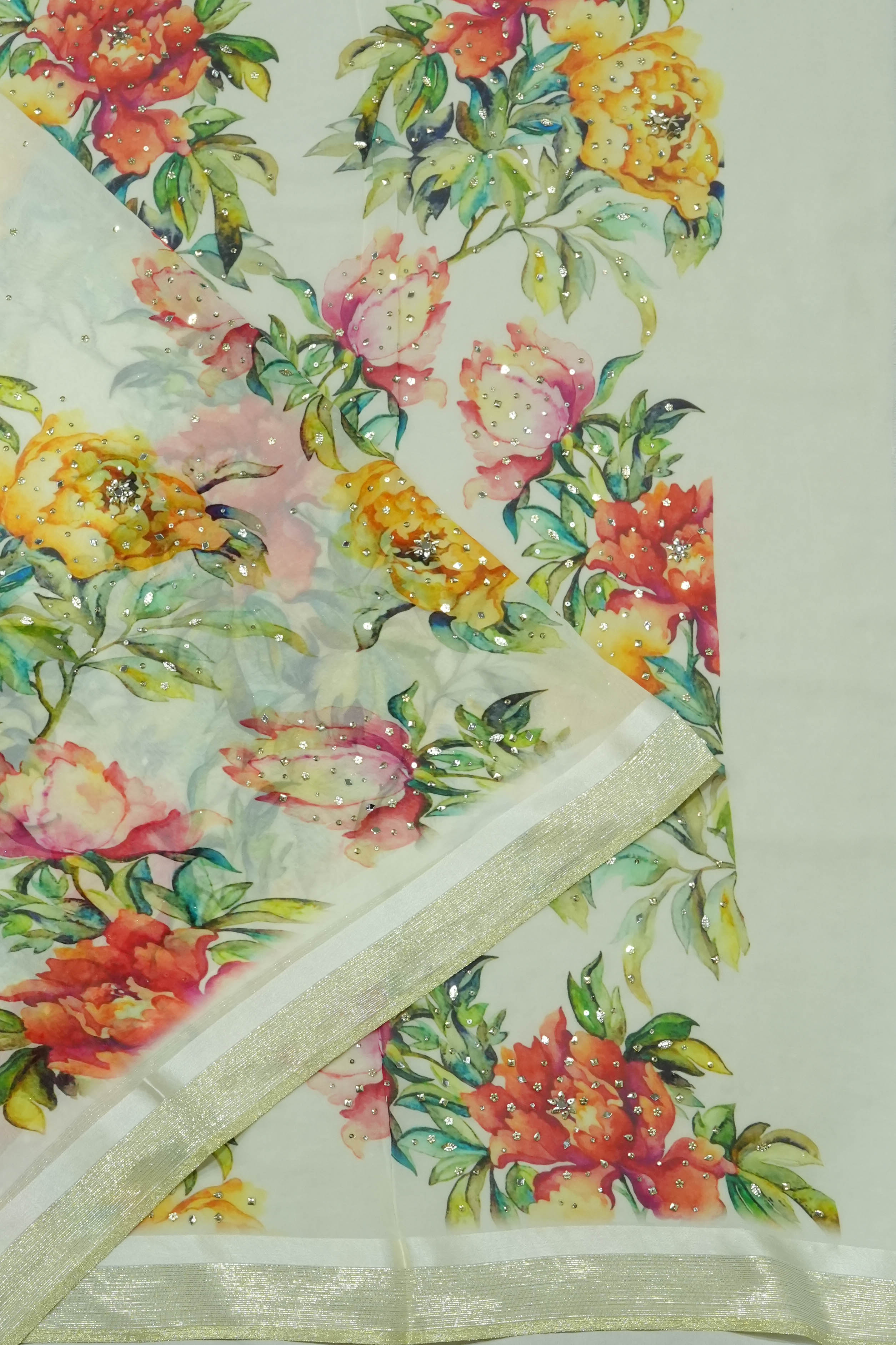 Georgette Printed Off White Saree