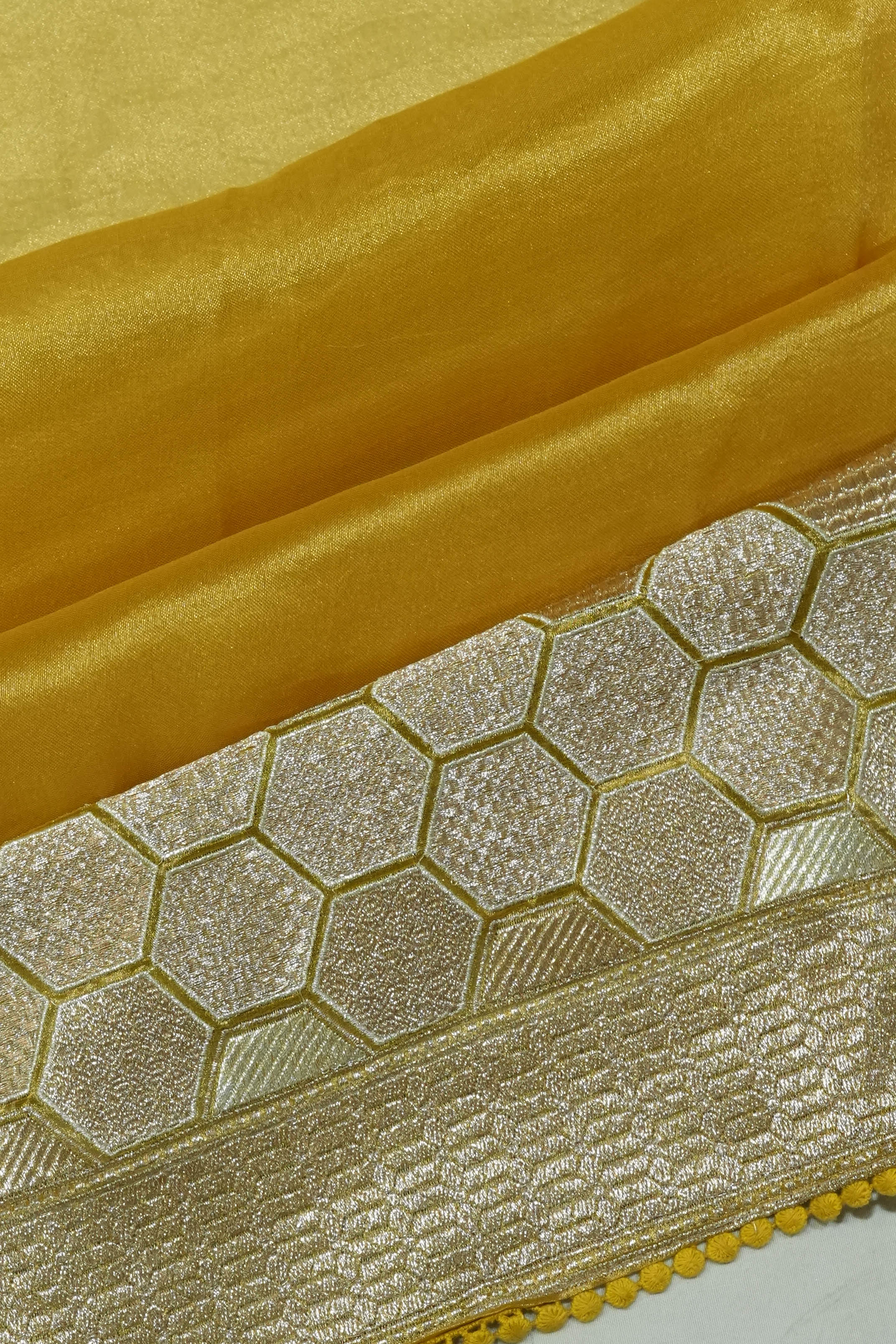 Organza Tissue Plain Gold Saree With Embroidery Border
