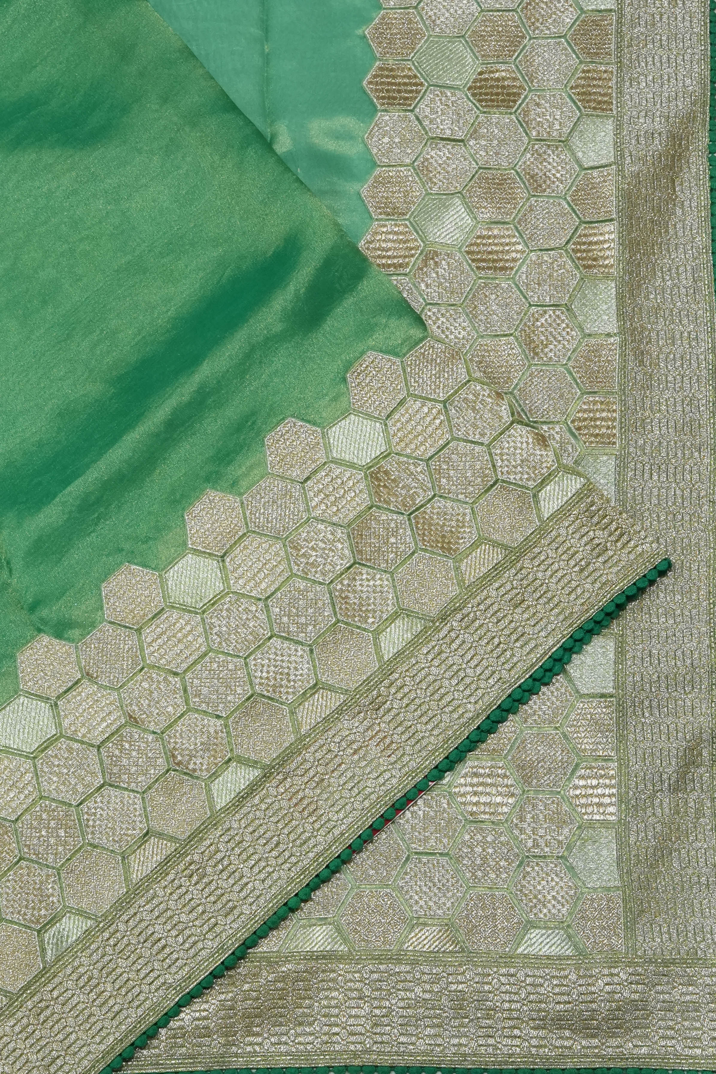 Organza Tissue Plain Green Saree With Embroidery Border