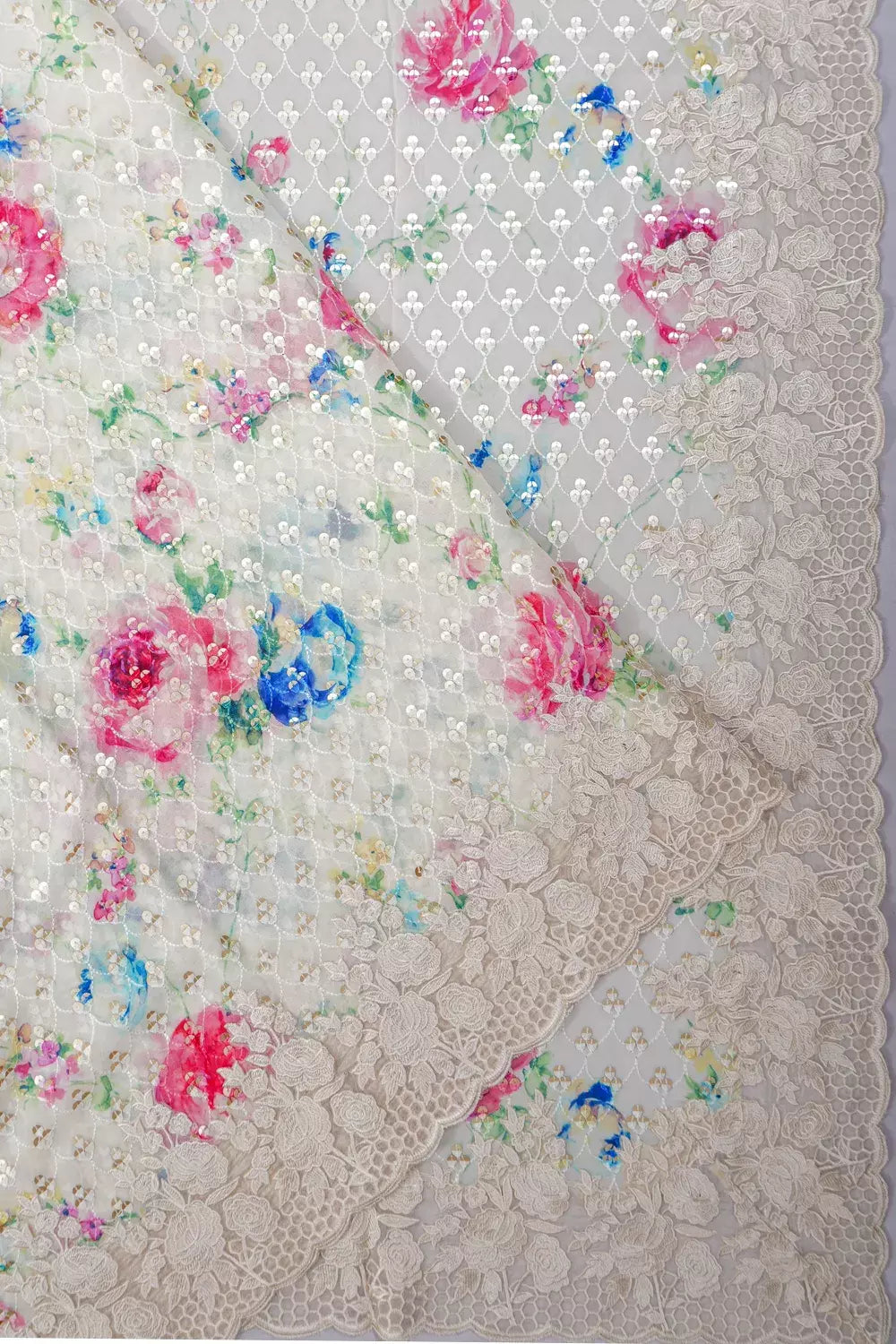 Organza Sequinwork Printed White Saree