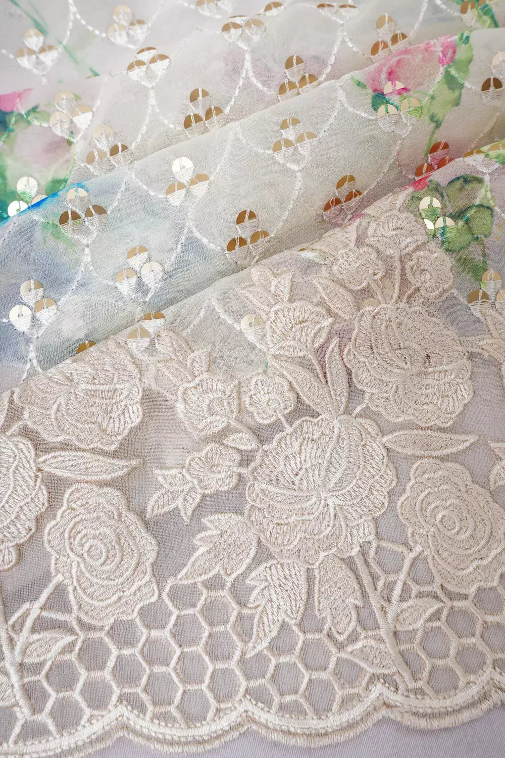 Organza Sequinwork Printed White Saree