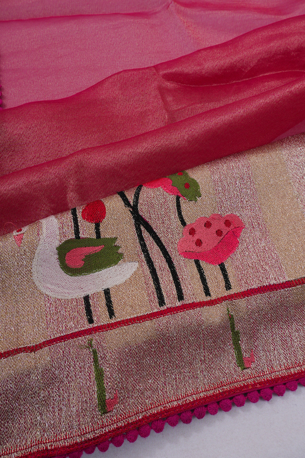 Organza Plain Red Saree With Embroidery Border
