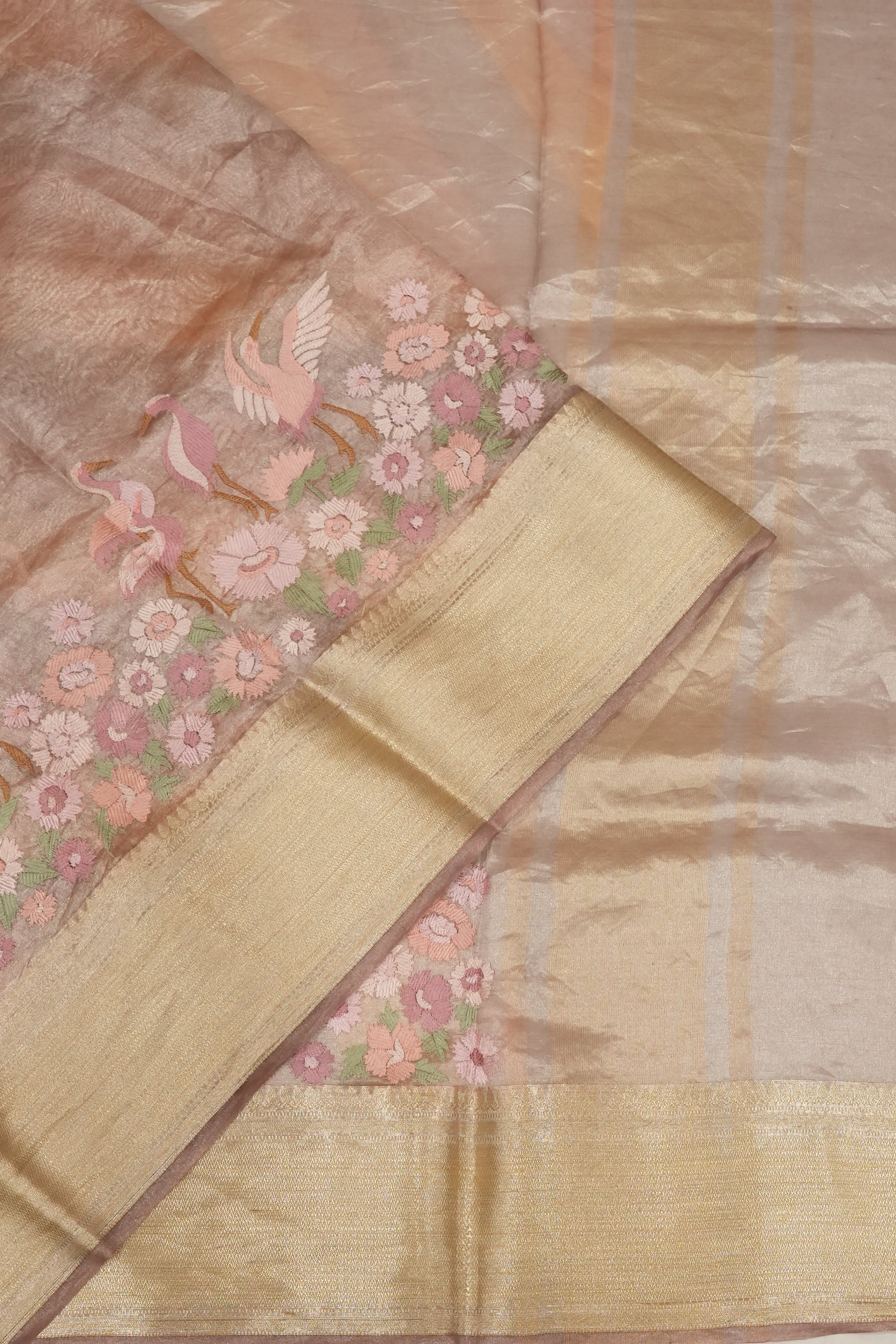 Organza Tissue Plain Peach Saree With Embroidery
