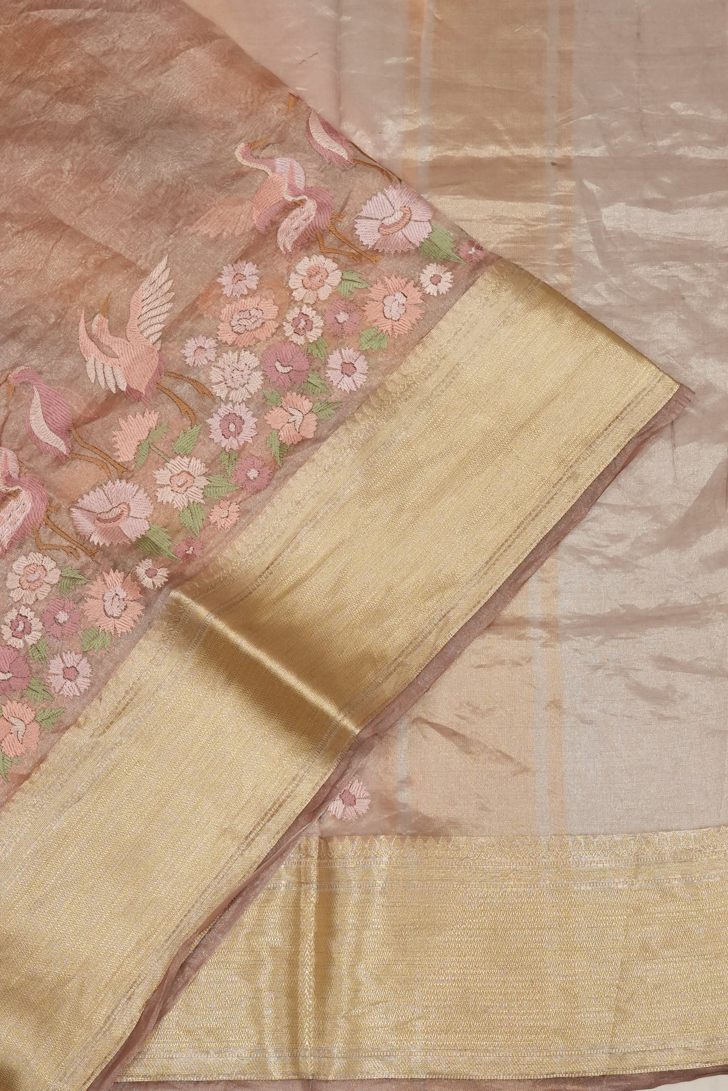 Organza Tissue Plain Peach Saree With Embroidery