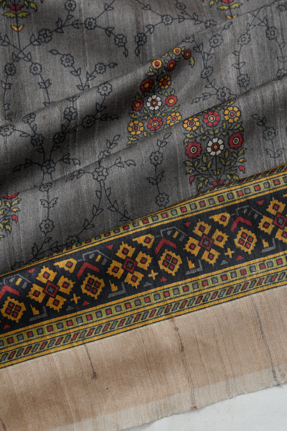Tussar Floral Printed Grey Saree
