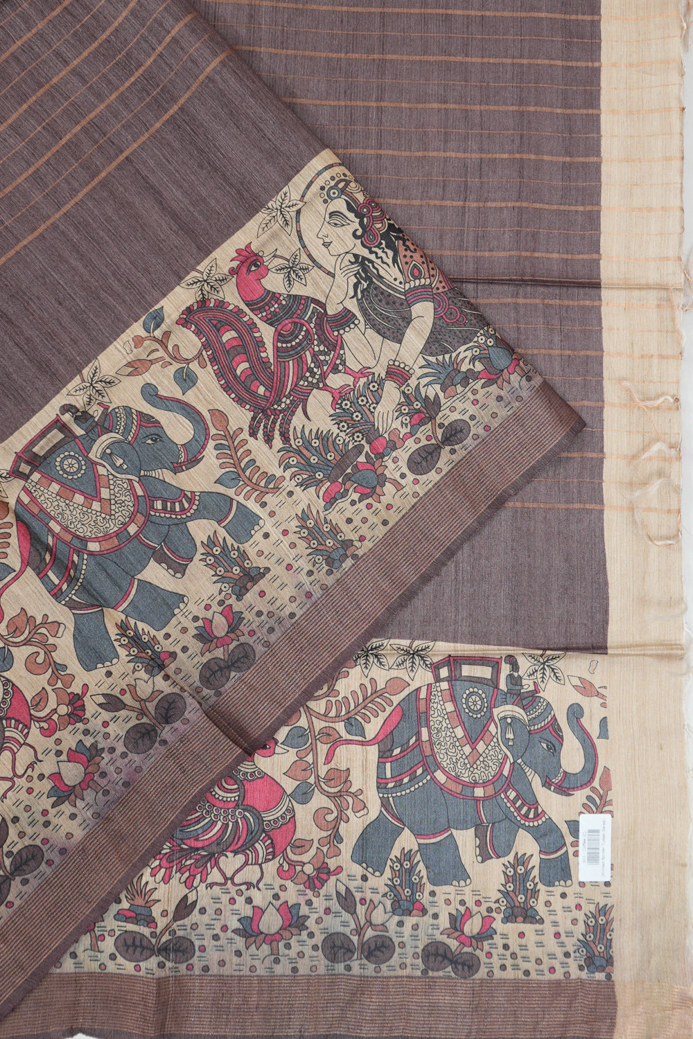 Tussar Lines And Printed Brown Saree