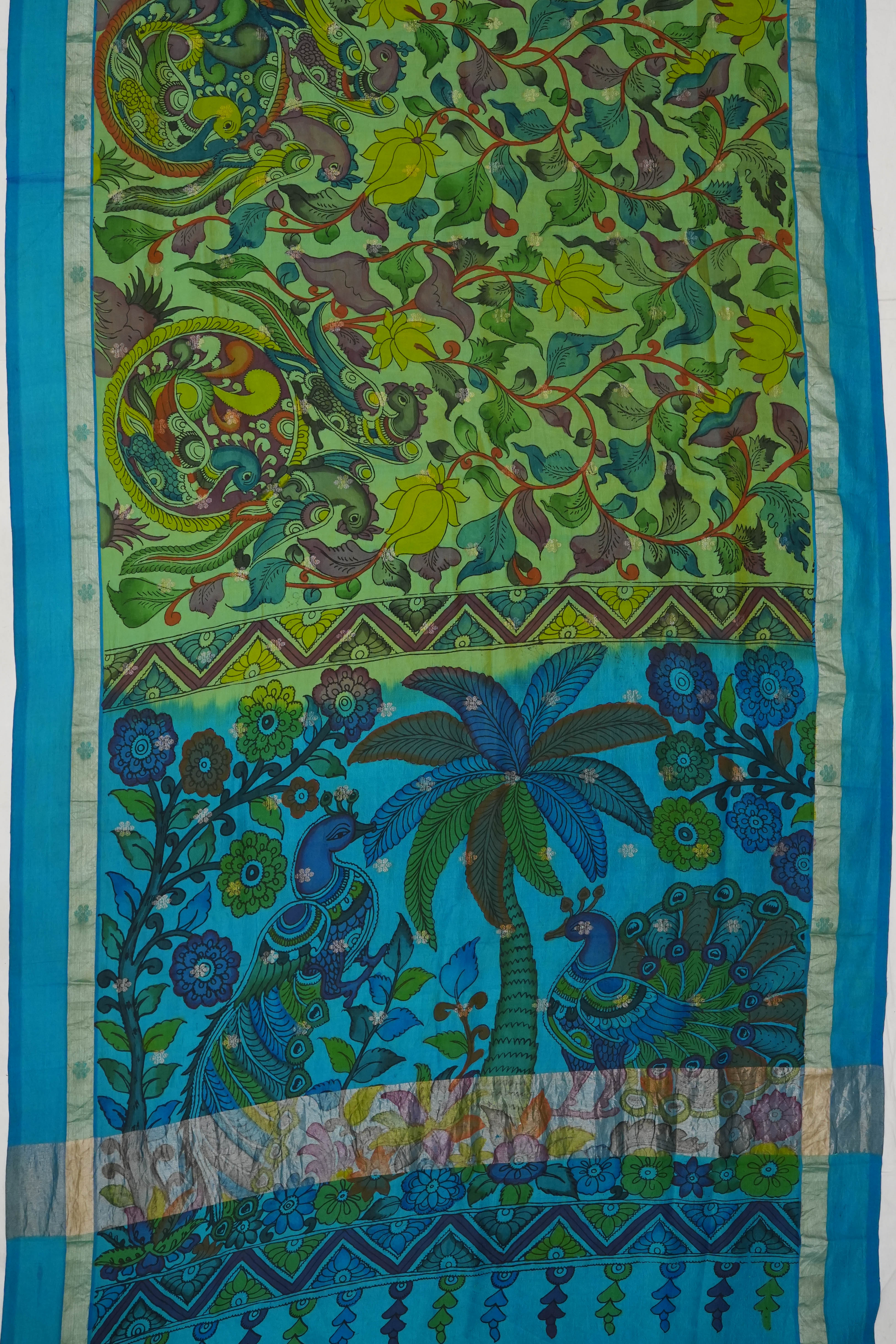 Kalamkari Silk Hand Painted Green Saree