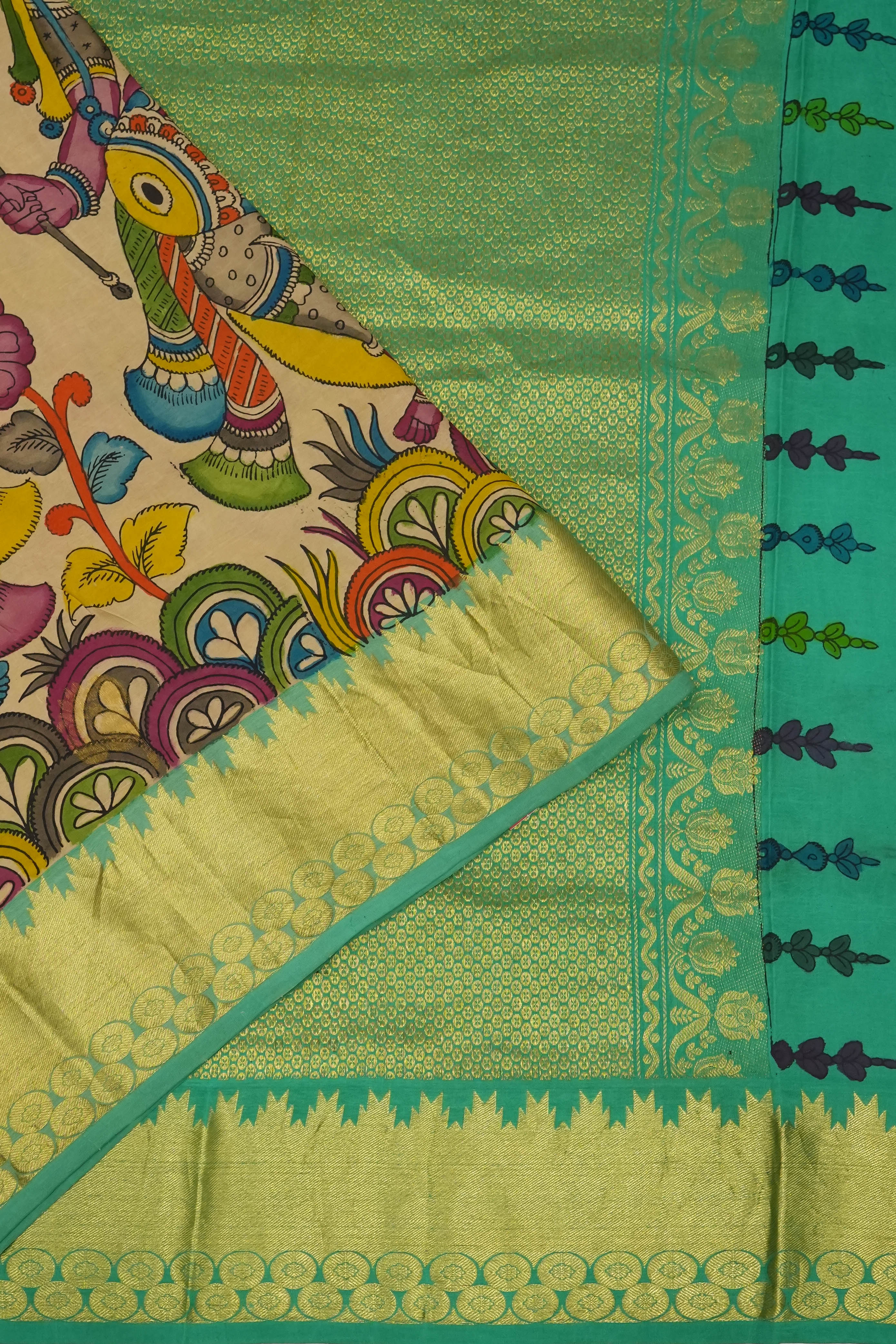 Kalamkari Silk Hand Painted Cream Saree