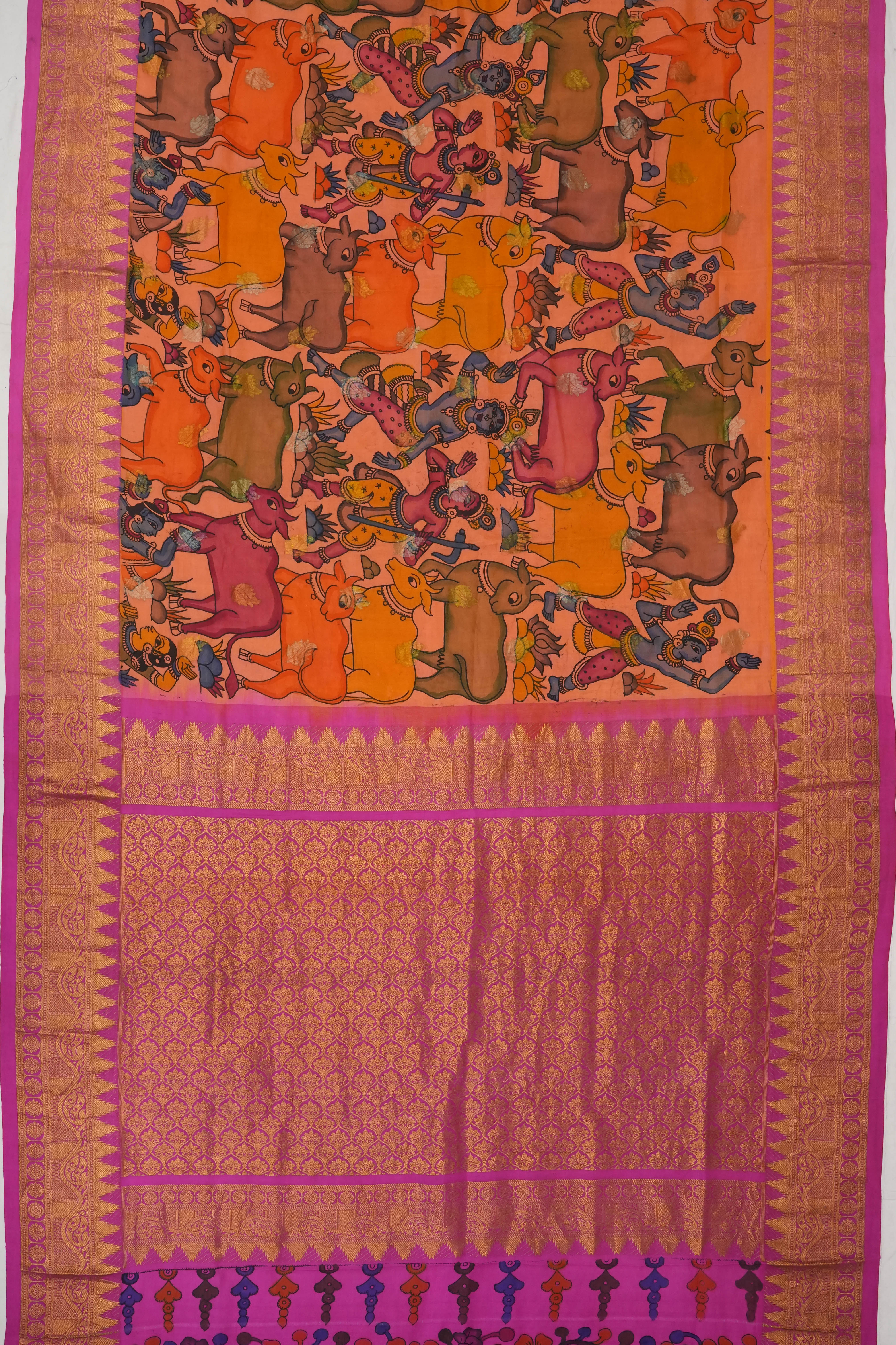 Kalamkari Silk Hand Painted Pink Saree