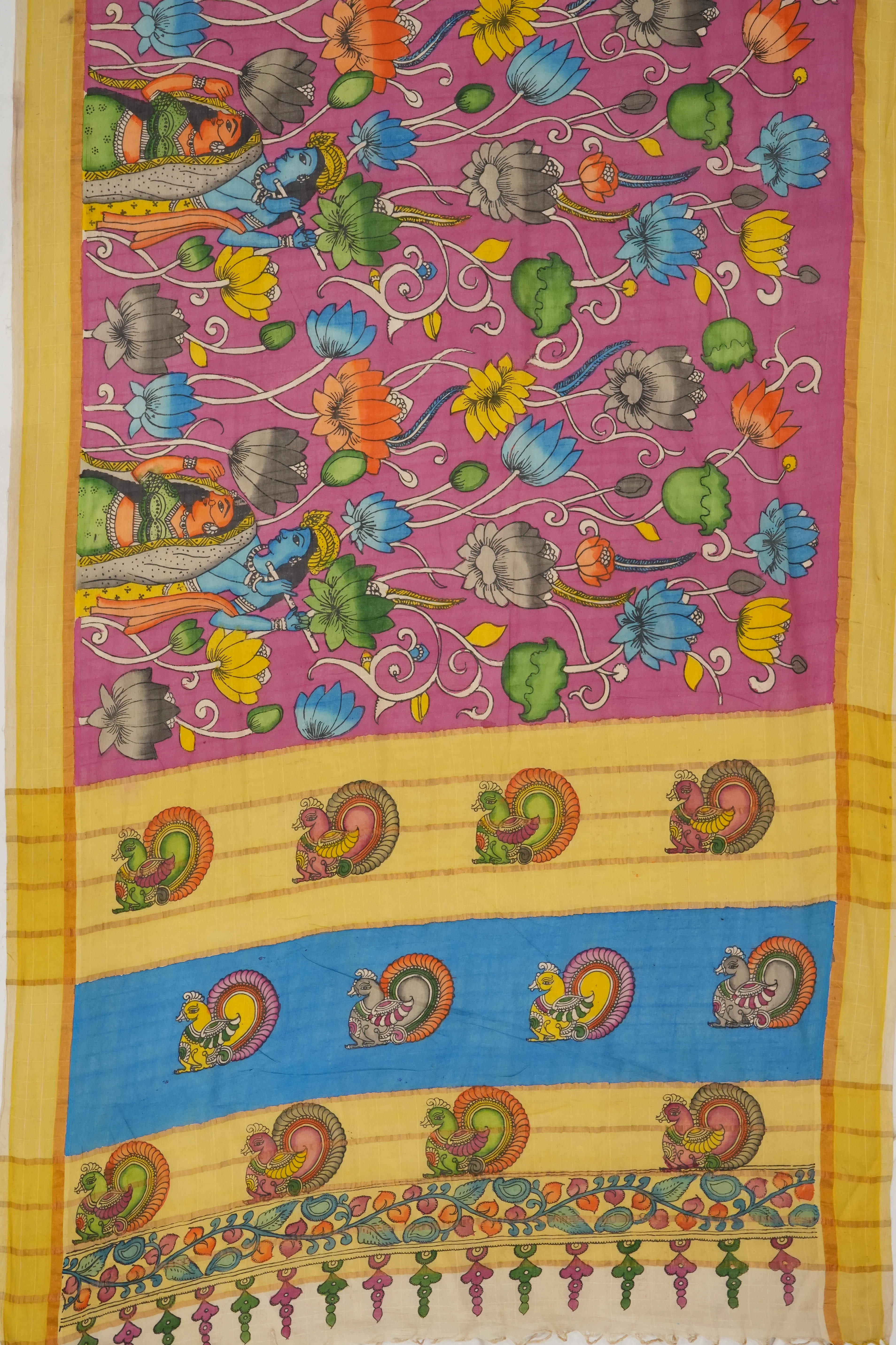 Kalamkari Silk Hand Painted Pink Saree
