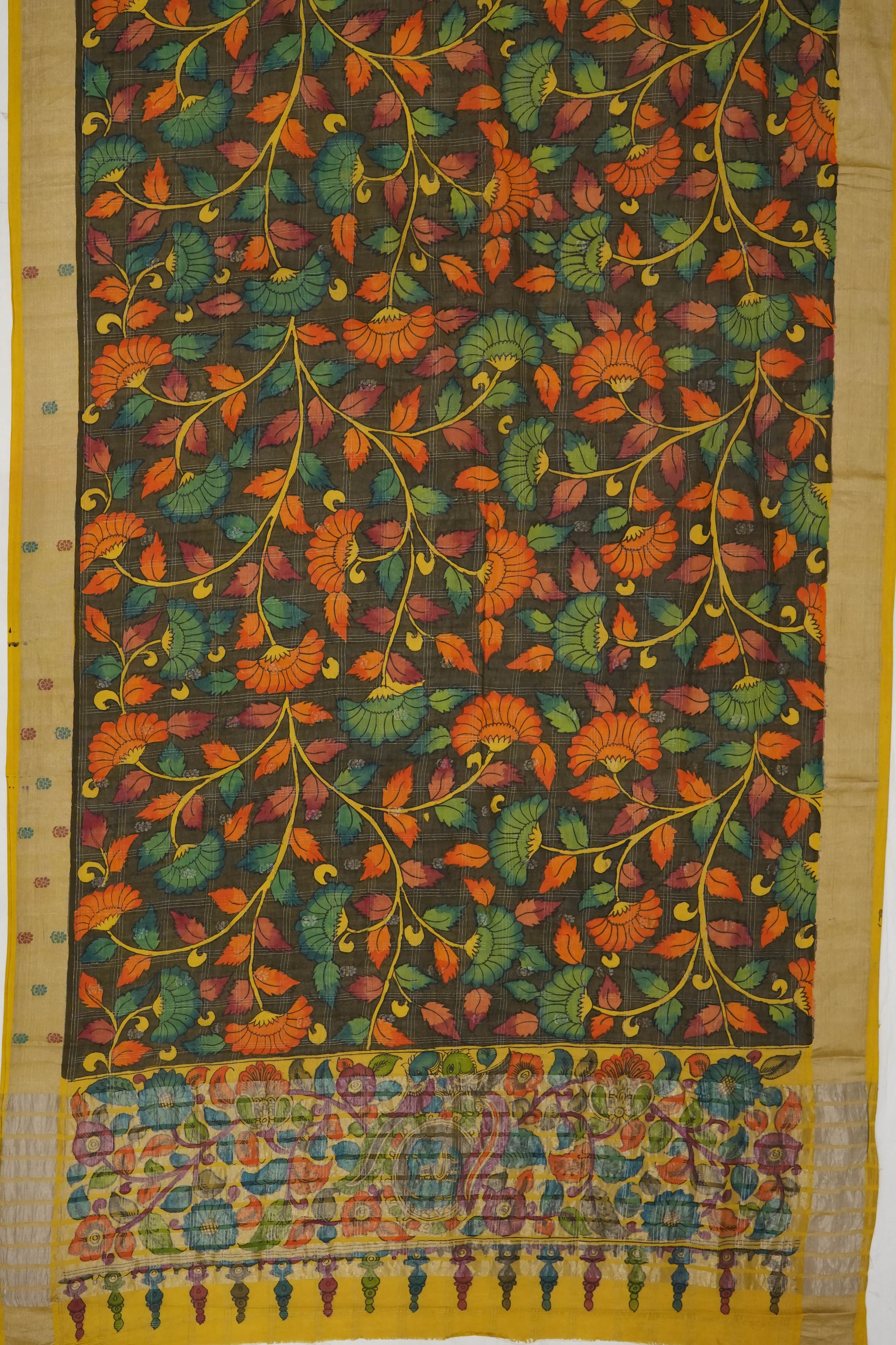 Kalamkari Silk Hand Painted Grey Saree
