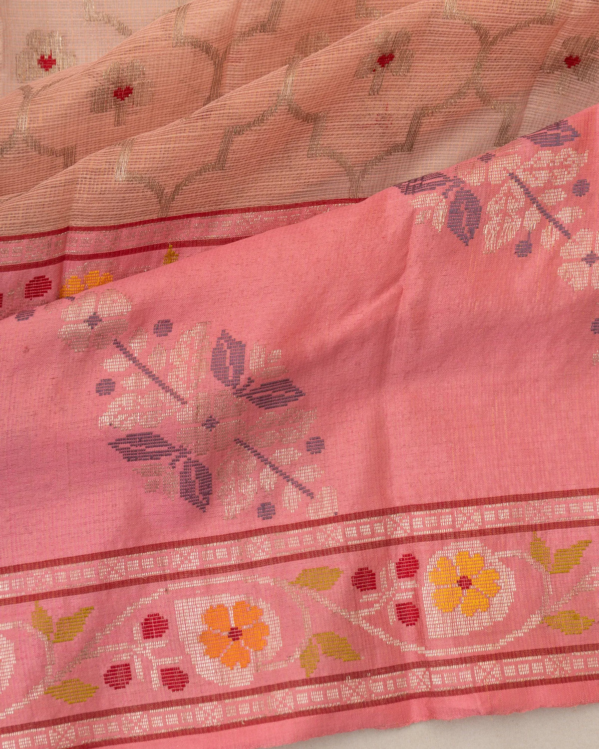 Zari Kota Silk Jaal And Butta Peach Saree With Jamdani Border
