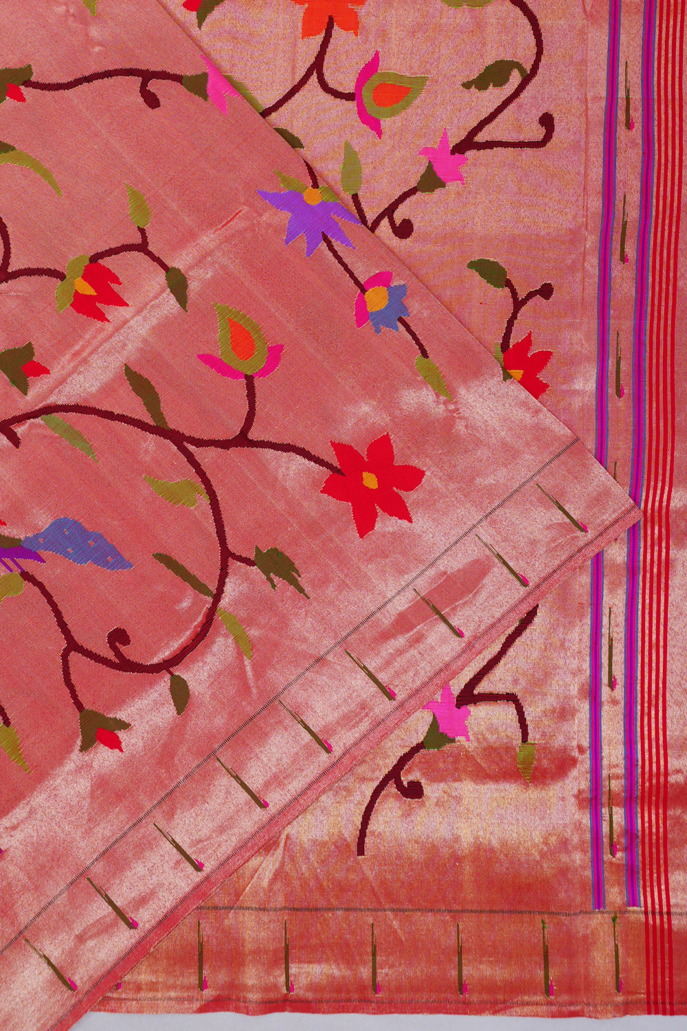 Paithani Silk Tissue All Over Jaal Pink Saree With Single Muniya Border