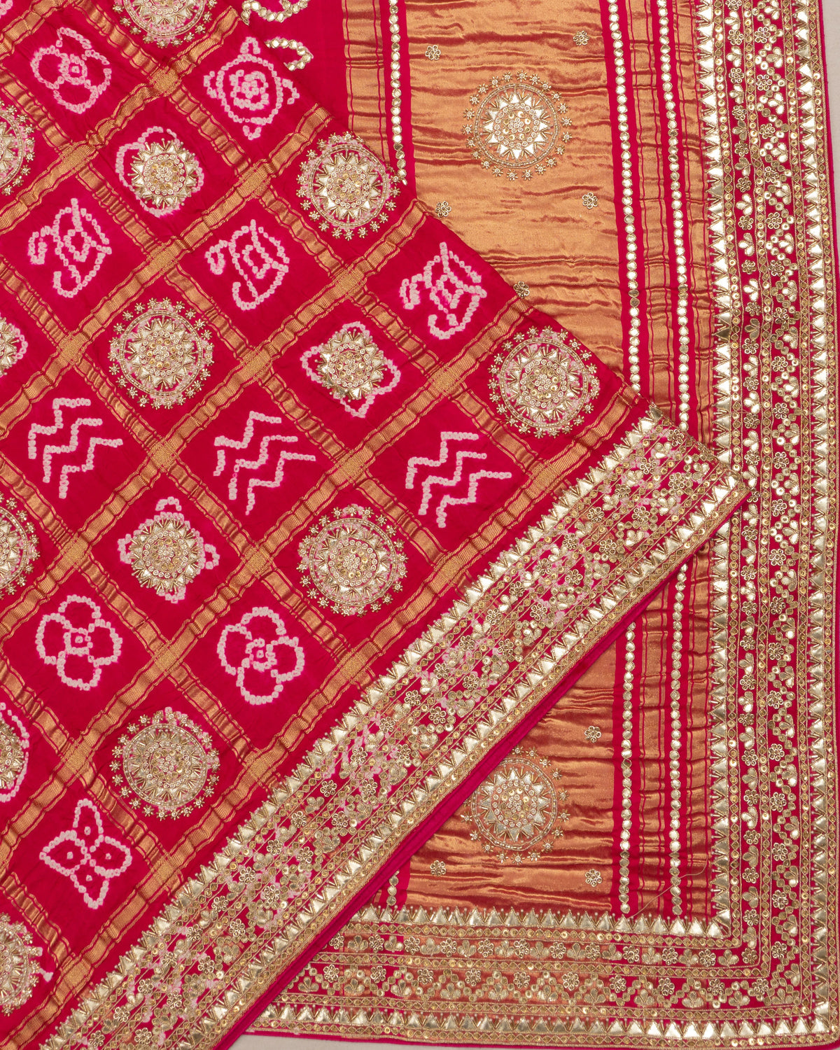 Banarasi Silk Bandhani Checks And Butta Red Saree With Zardosi Work