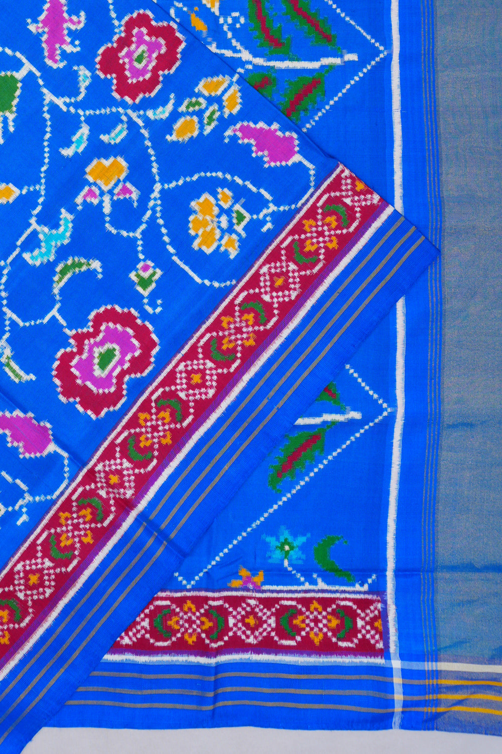 Patan Patola Silk Double Ikat Phulwari Bhat Blue Saree