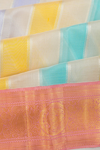Kanchipuram Kora Organza Lines Multicolour Saree