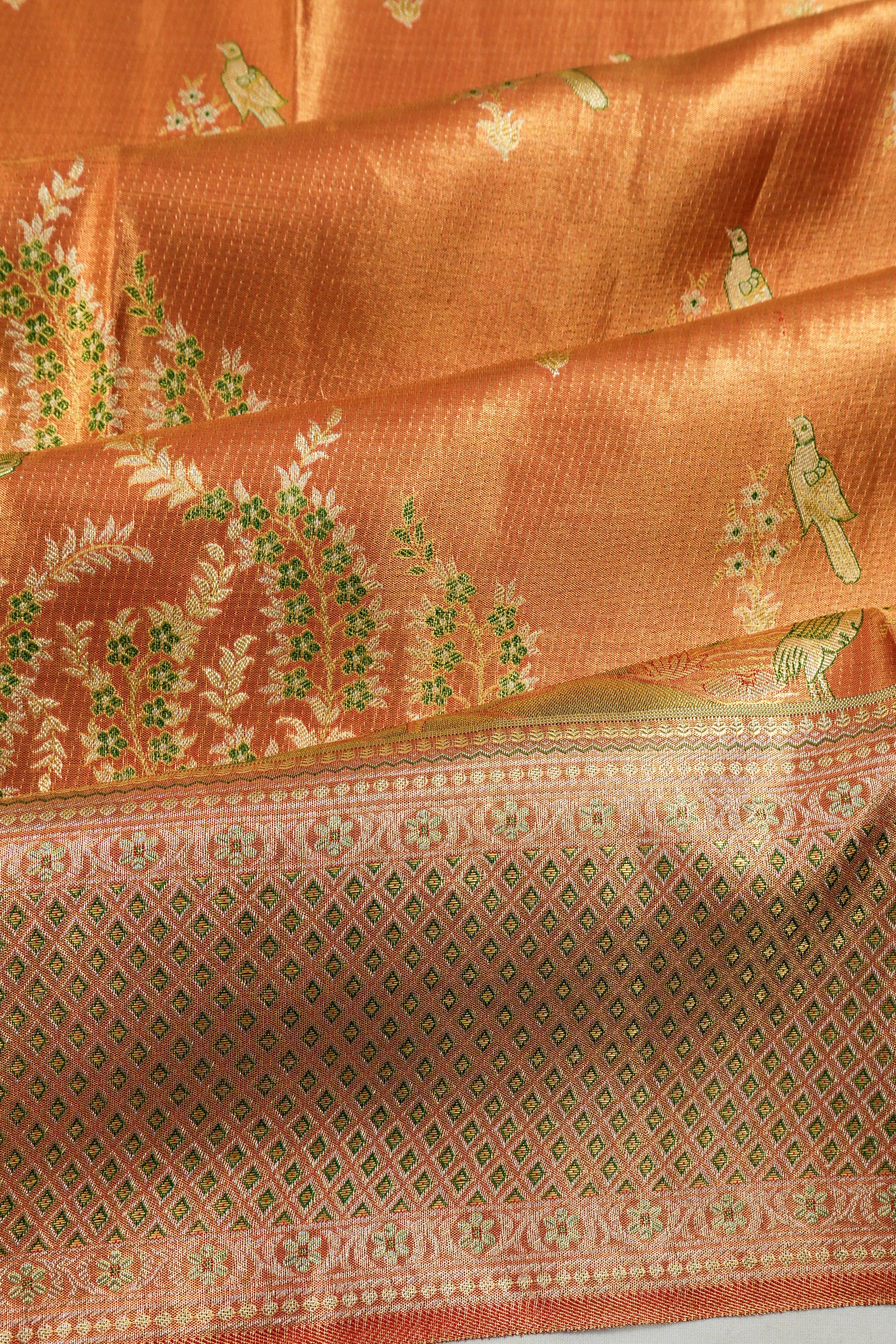 Kanchipuram Silk Tissue Brocade Orange Saree