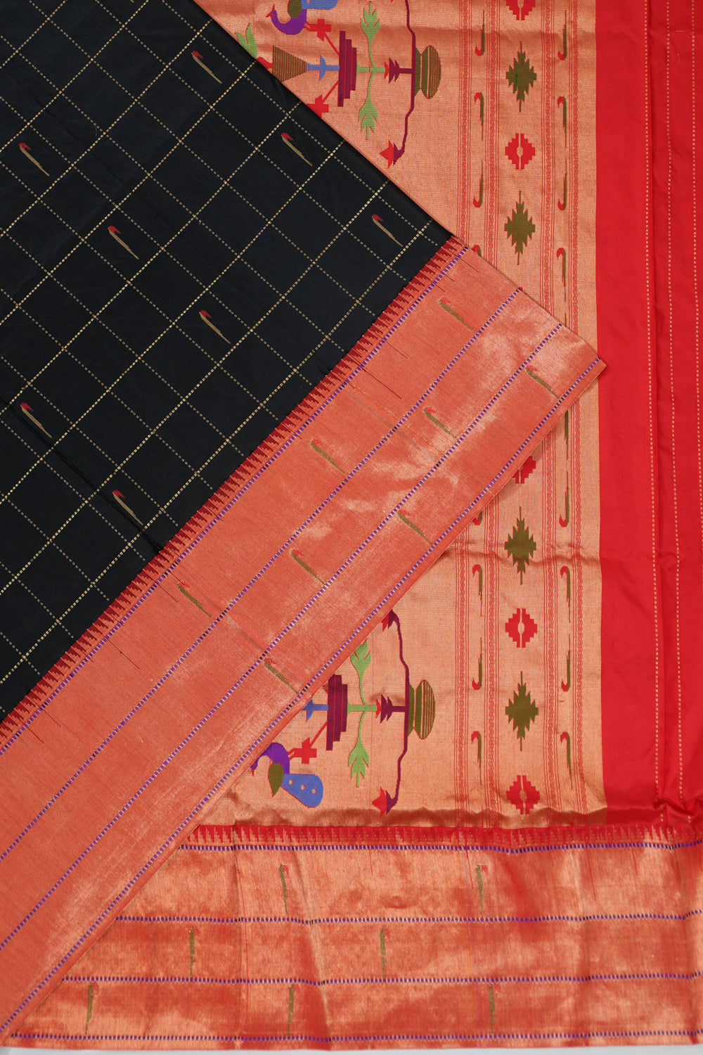 Muniya Silk Checks And Butta Black Saree With Triple Muniya Border