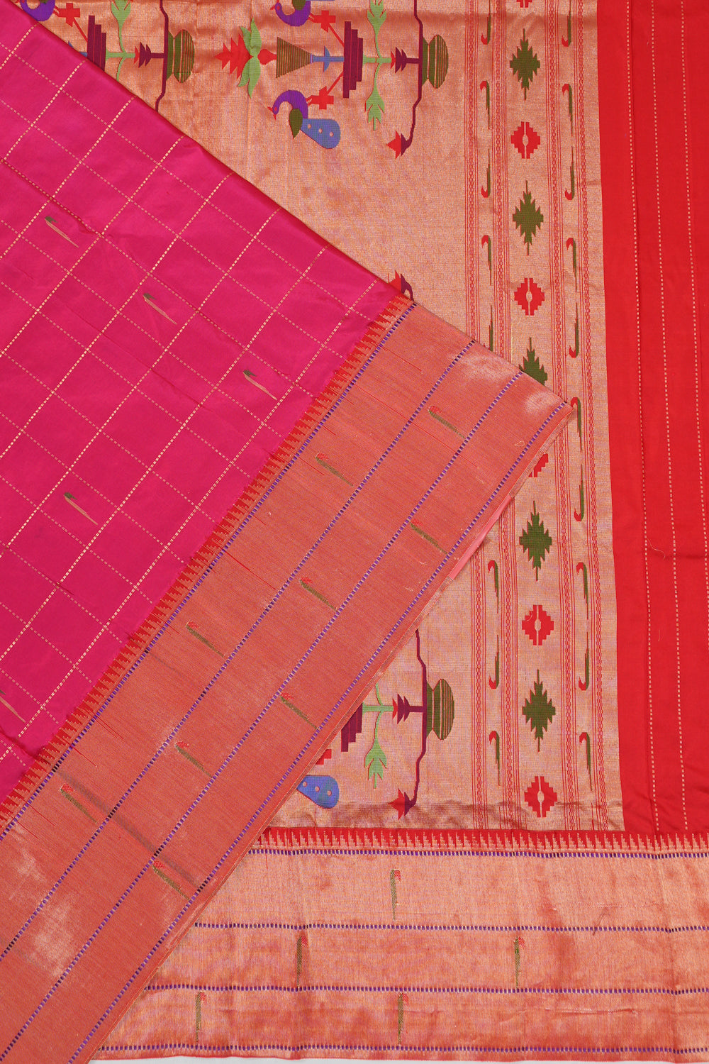 Muniya Silk Checks And Butta Pink Saree With Triple Muniya Border