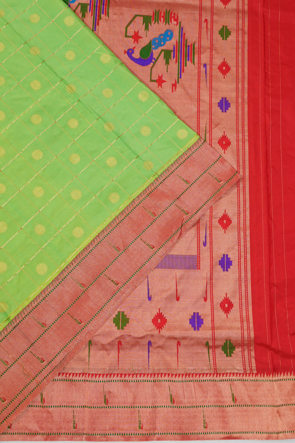 Muniya Silk Checks And Butta Pista Green Saree With Double Muniya Border