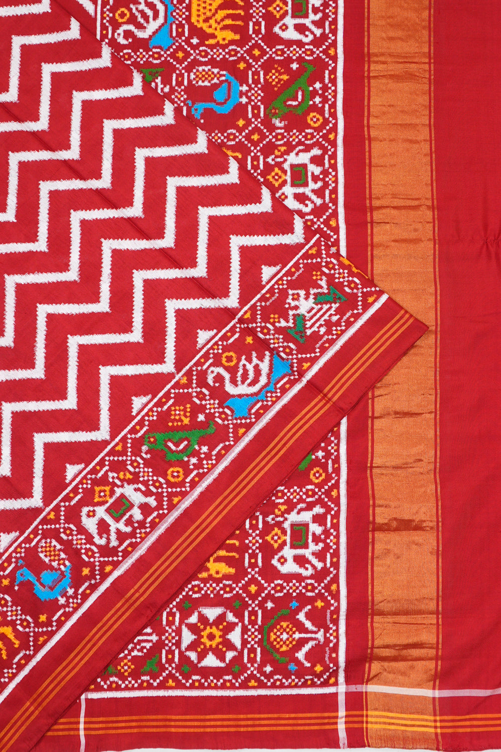 Patan Patola Silk Double Ikat Chevron Lines Red Saree With 6 Figure Border