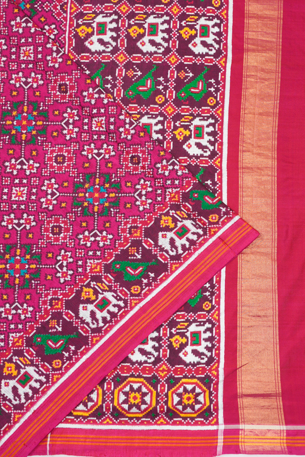 Patan Patola Silk Double Ikat Navratna Bhat Pink Saree