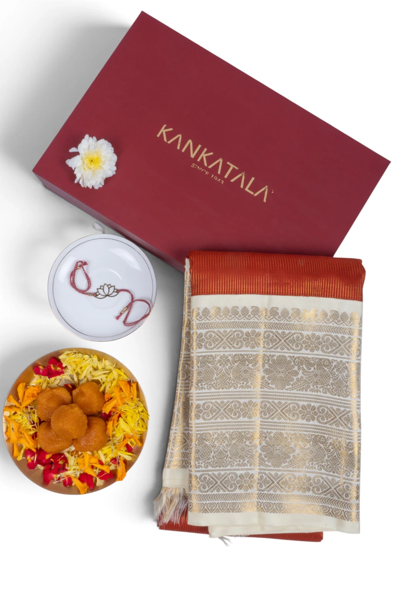 Kanchipuram Silk Oosi Lines And Butta Red Saree With Gift Box And Rakhi